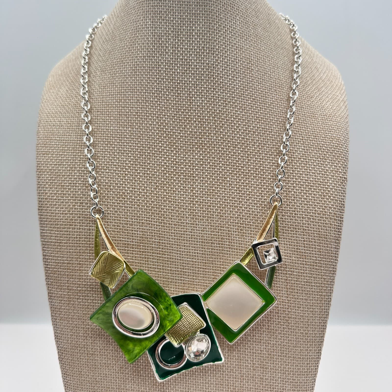 VTG Y2K Silver Tone Clear Rhinestone Geometric Bib Necklace Statement Jewelry - Thumbnail 6