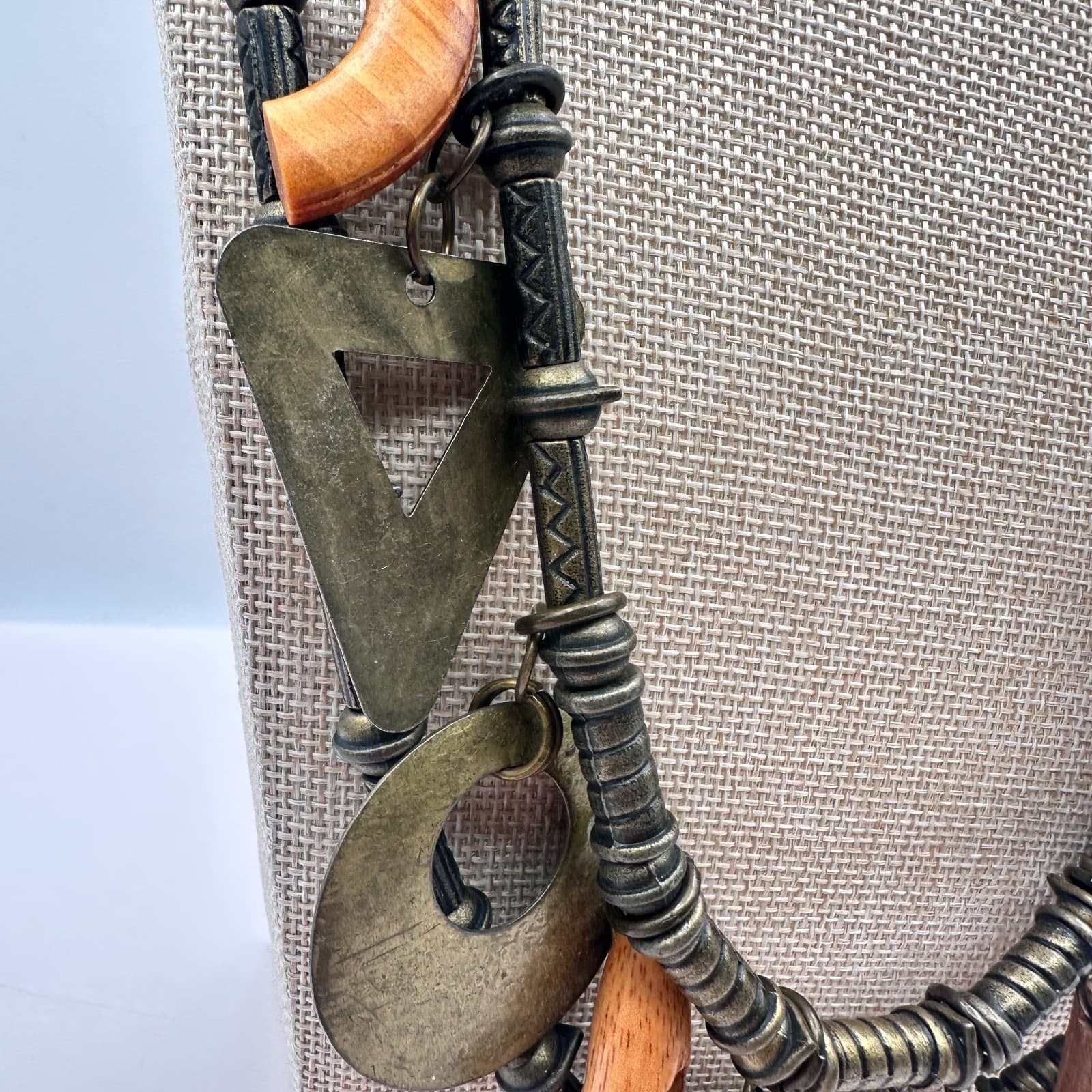 Vintage Y2 Bronze Tone Geometric Charm Double Strand Statement Necklace Jewelry - Thumbnail 5