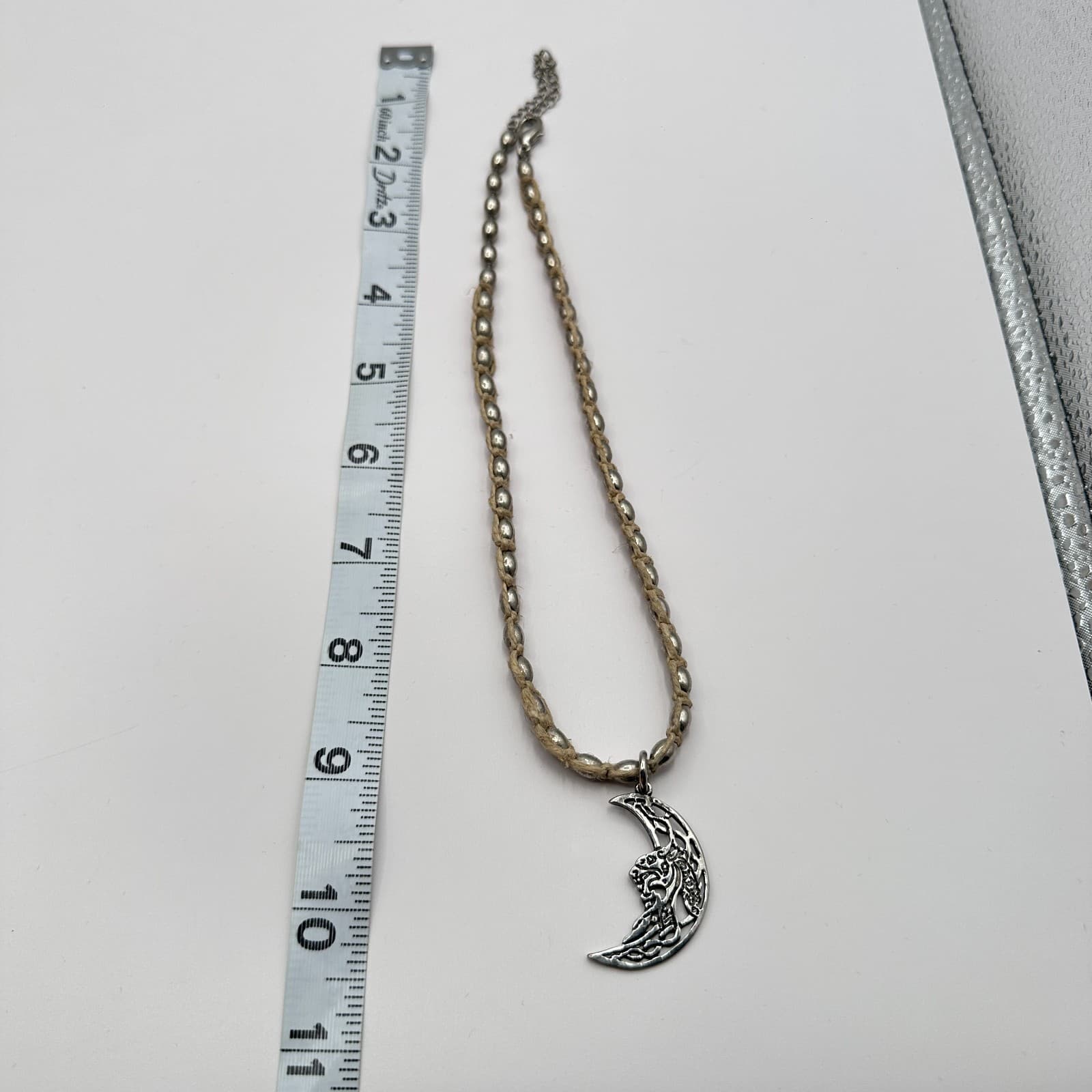 Vintage Y2K Silver Tone Crescent Moon Pendant Beaded Natural Fiber Cord Jewelry - Thumbnail 2