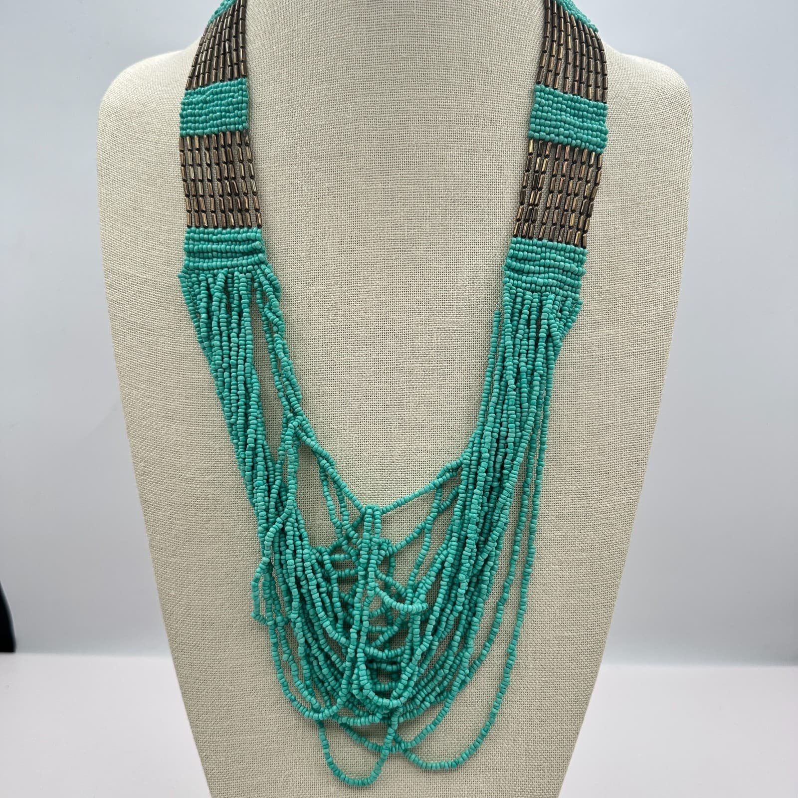 Vintage Y2K Turquoise Seed Beaded Multi Strand Necklace Boho Women's Jewelry - Image 1
