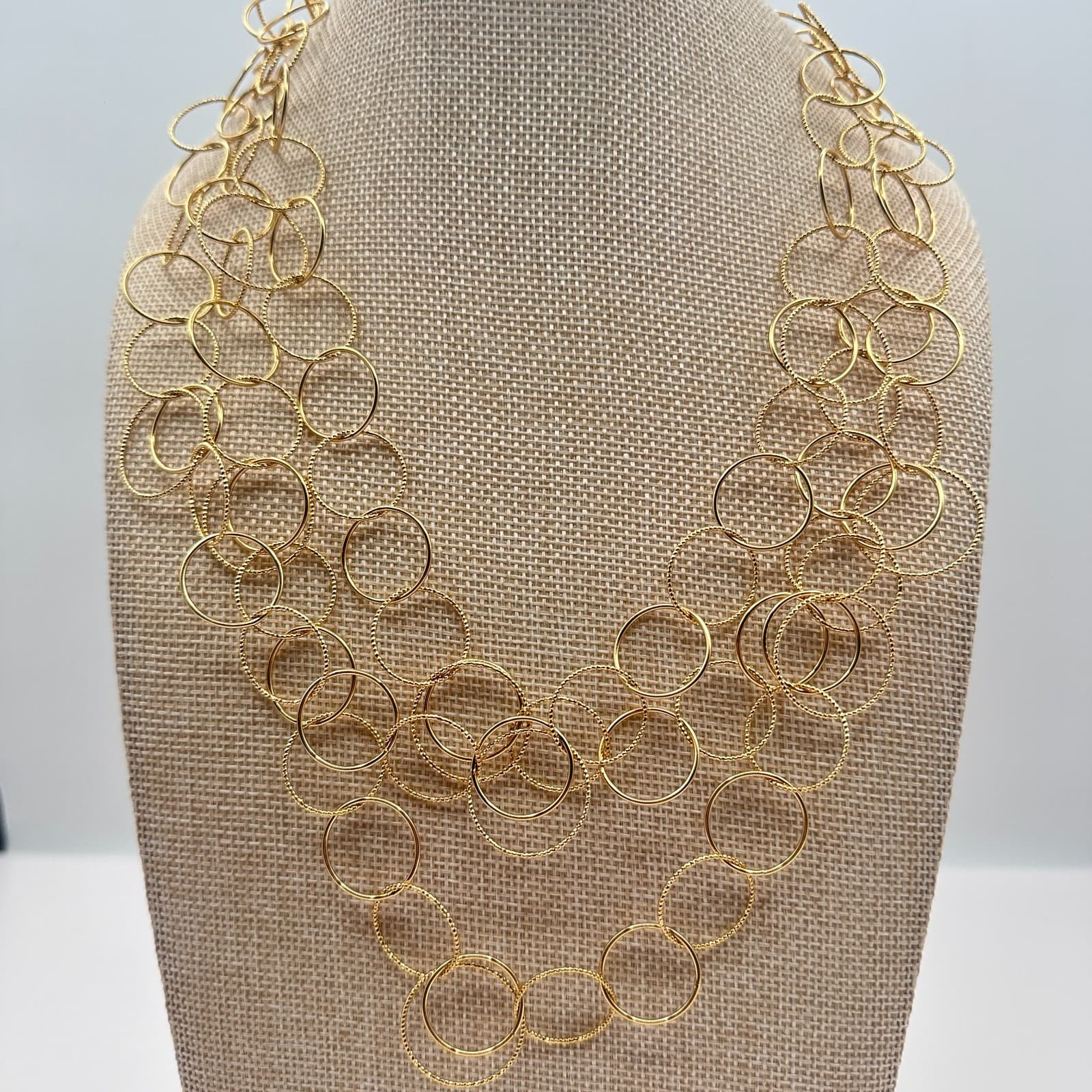 VTG Y2K Gold Tone Multi Strand Interlocking Circle Statement Necklace Jewelry - Thumbnail 6