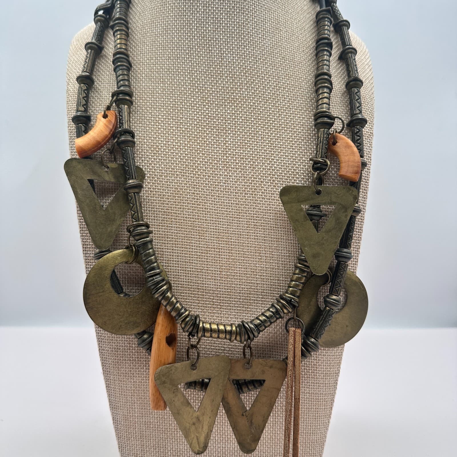 Vintage Y2 Bronze Tone Geometric Charm Double Strand Statement Necklace Jewelry - Thumbnail 3