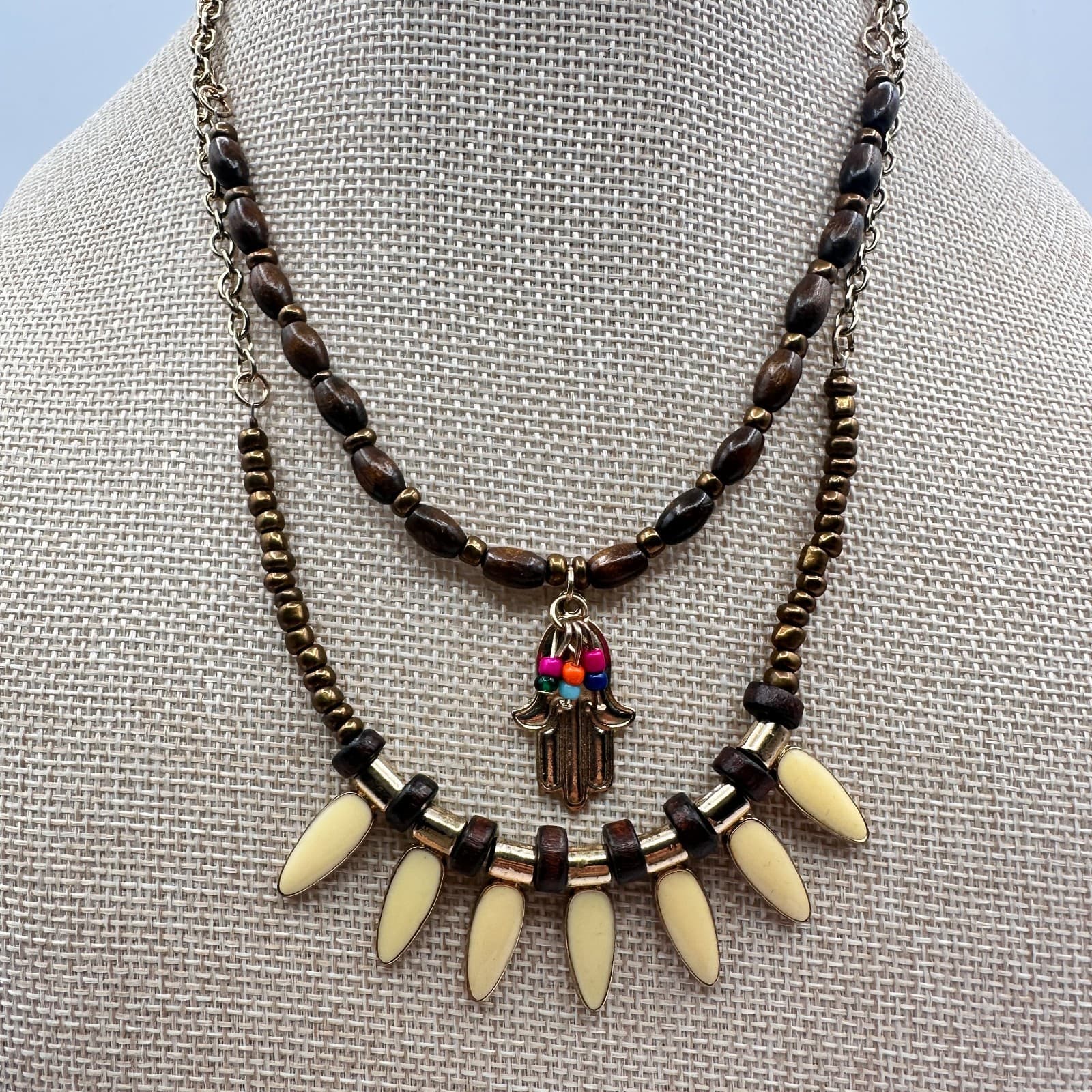 Vintage 90s Gold Tone Beaded Multi Strand Hamsa Hand Pendant Necklace Jewelry - Thumbnail 3