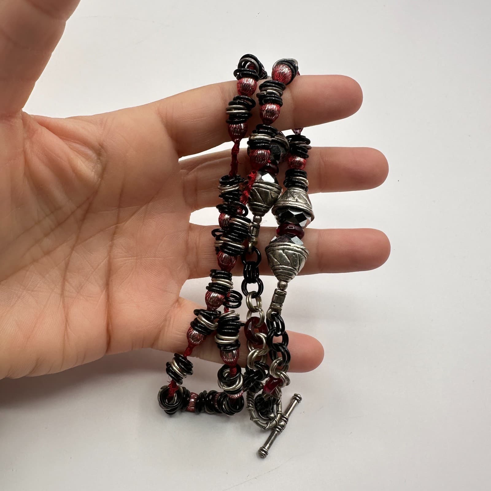 Vintage 90s Mixed Media Necklace Silver Tone Boho Goth Fashion Women's Jewelry - Thumbnail 7