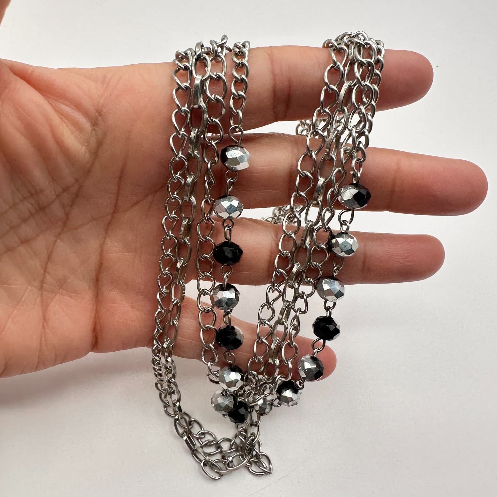 Vintage Y2K Silver Tone Layered Chain Beaded Necklace Women's Classic Jewelry - Thumbnail 8