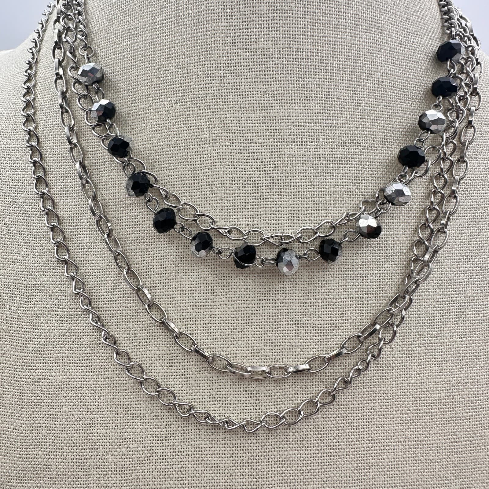 Vintage Y2K Silver Tone Layered Chain Beaded Necklace Women's Classic Jewelry - Thumbnail 3