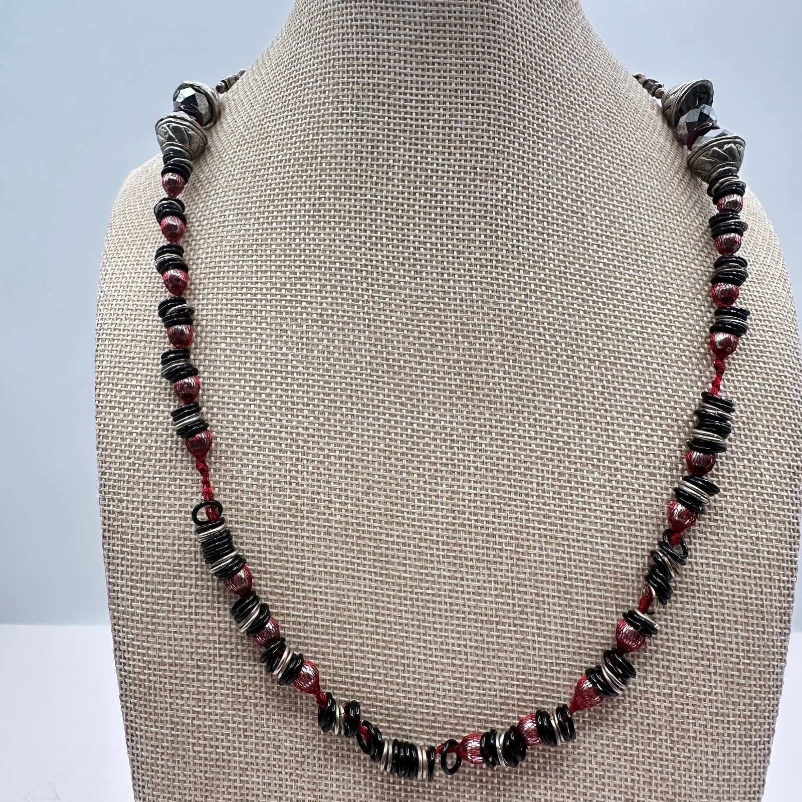 Vintage 90s Mixed Media Necklace Silver Tone Boho Goth Fashion Women's Jewelry - Thumbnail 5