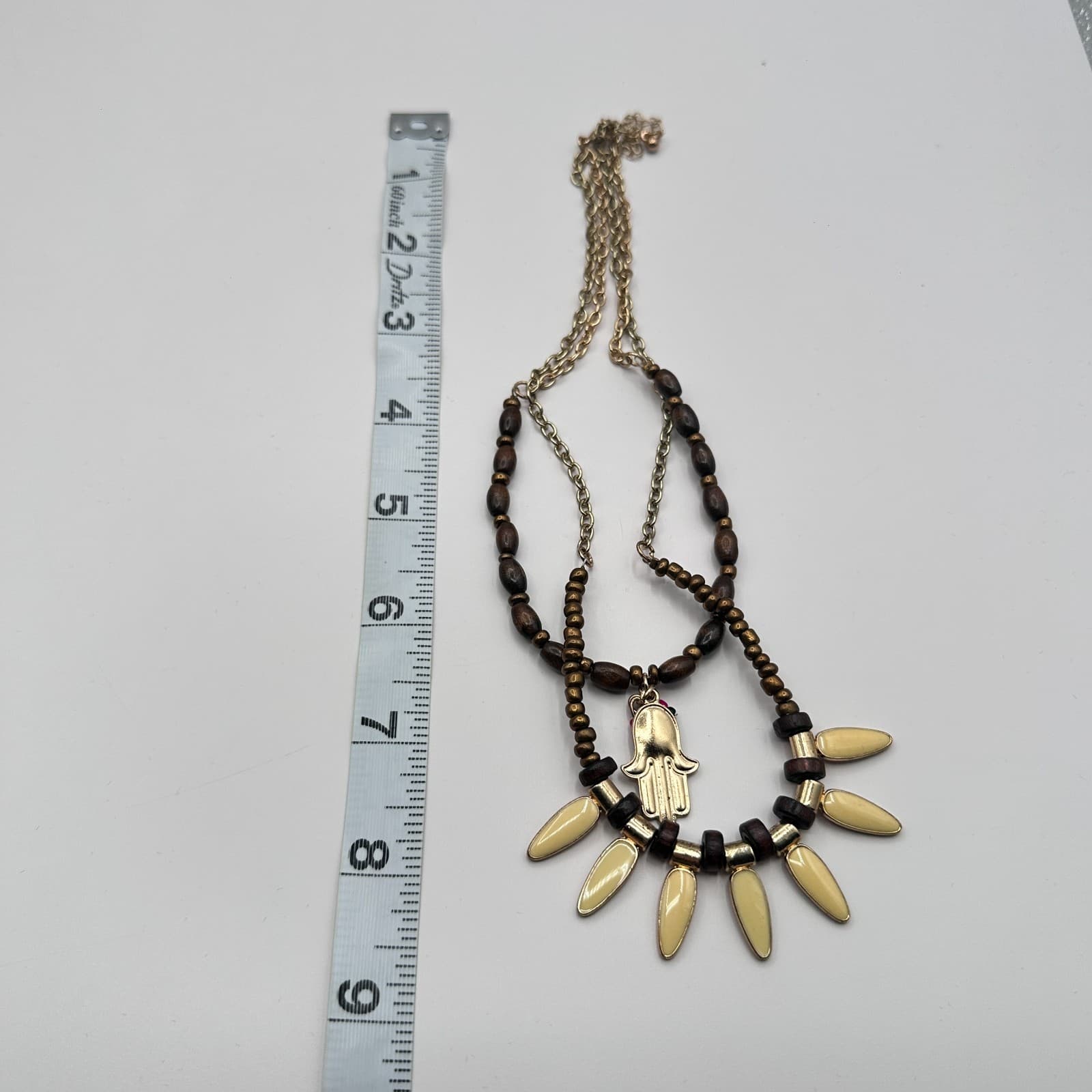 Vintage 90s Gold Tone Beaded Multi Strand Hamsa Hand Pendant Necklace Jewelry - Thumbnail 9