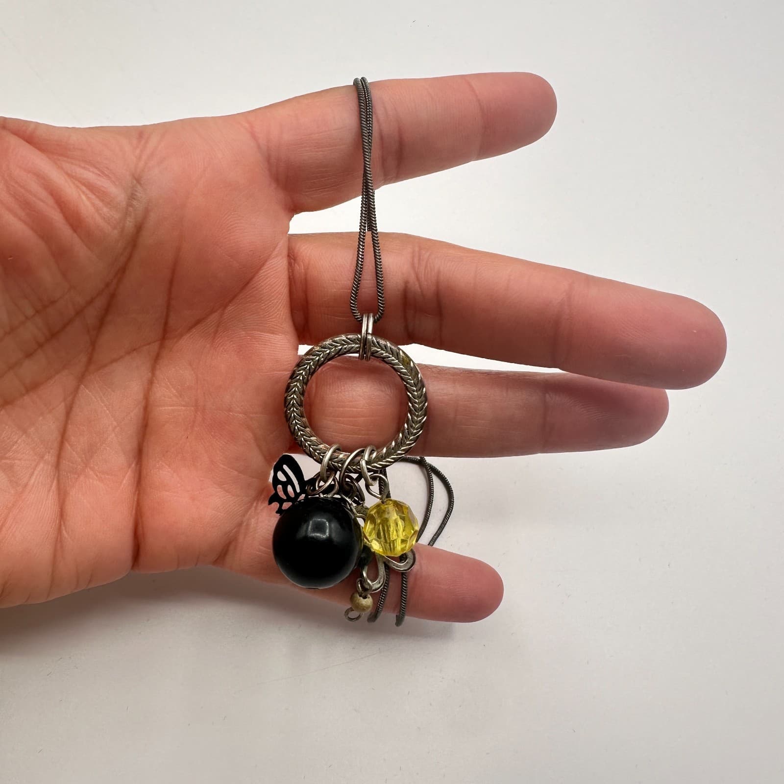 Vintage 60s Necklace Featuring Textured Silver Tone Ring Charm Dangle Jewelry - Thumbnail 5