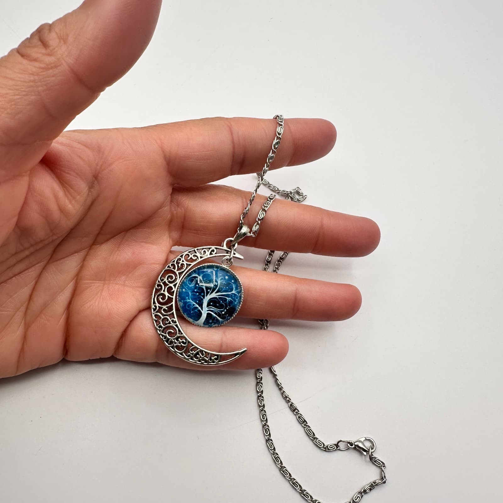 Vintage 90s Silver Tone Moon Tree of Life Pendant Necklace Women's Jewelry - Thumbnail 9