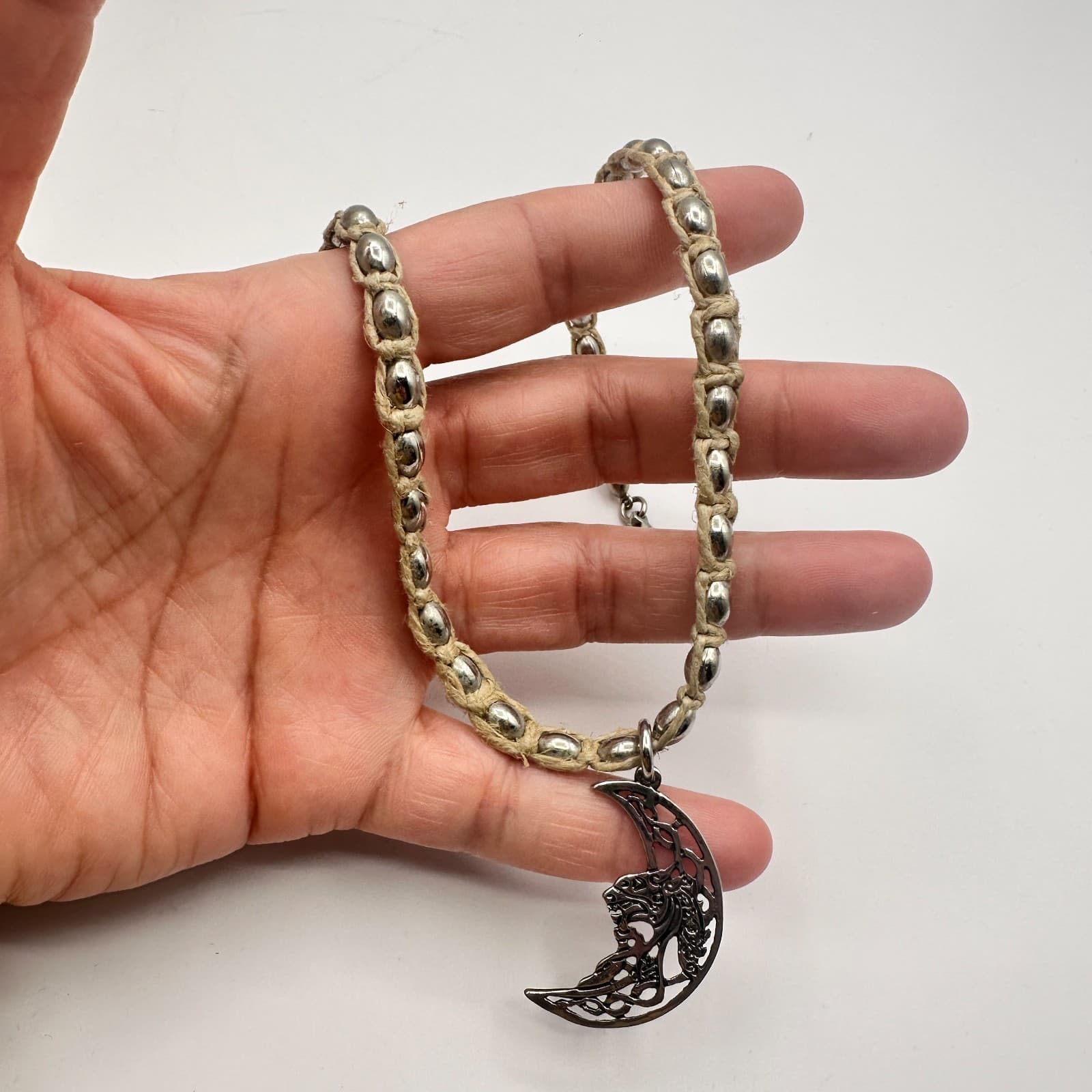 Vintage Y2K Silver Tone Crescent Moon Pendant Beaded Natural Fiber Cord Jewelry - Thumbnail 3