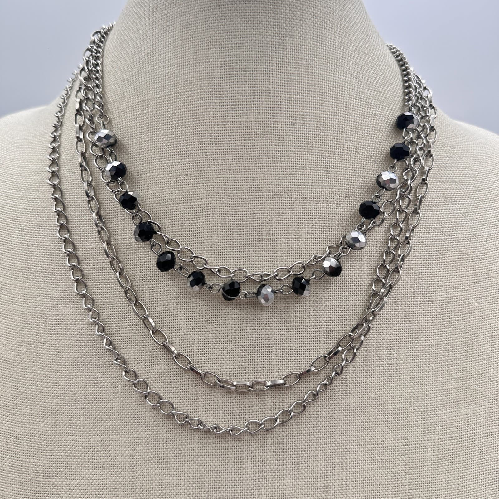 Vintage Y2K Silver Tone Layered Chain Beaded Necklace Women's Classic Jewelry - Thumbnail 2