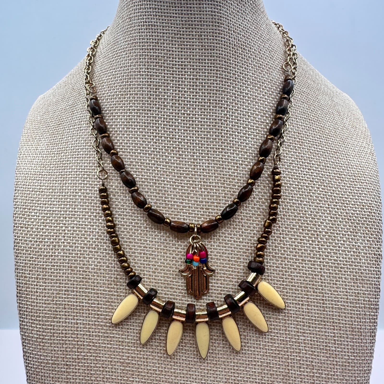 Vintage 90s Gold Tone Beaded Multi Strand Hamsa Hand Pendant Necklace Jewelry - Thumbnail 6