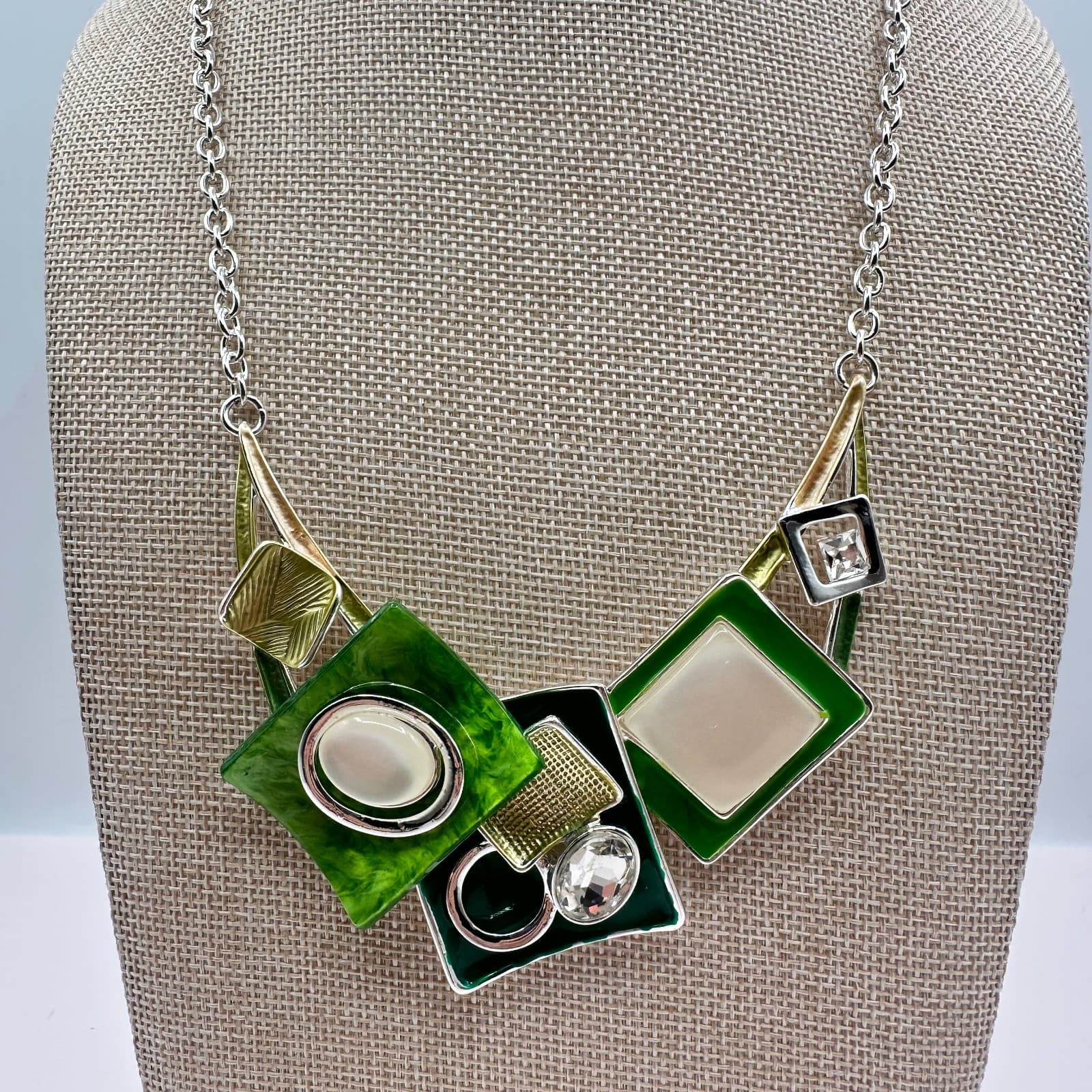 VTG Y2K Silver Tone Clear Rhinestone Geometric Bib Necklace Statement Jewelry - Image 1