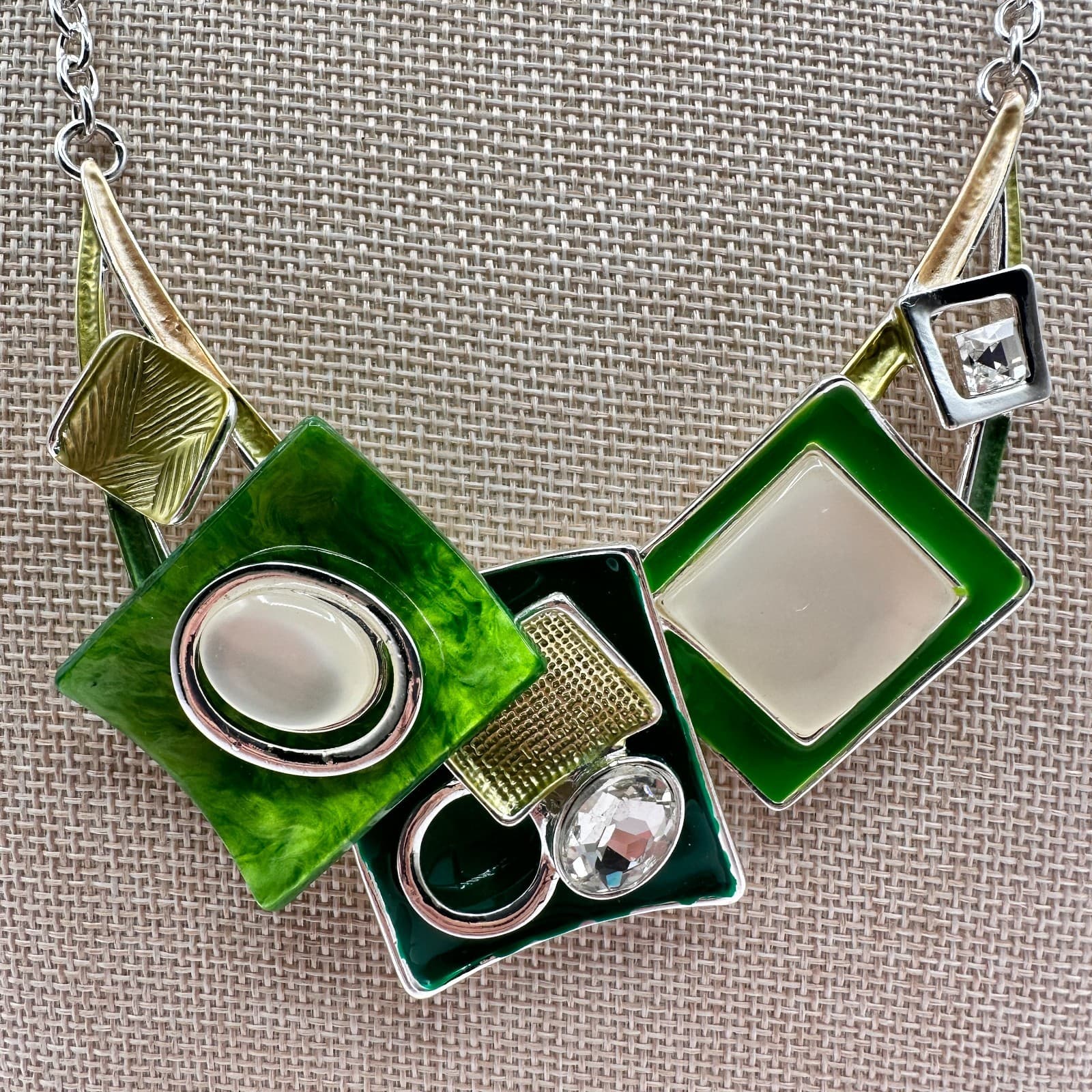 VTG Y2K Silver Tone Clear Rhinestone Geometric Bib Necklace Statement Jewelry - Thumbnail 3