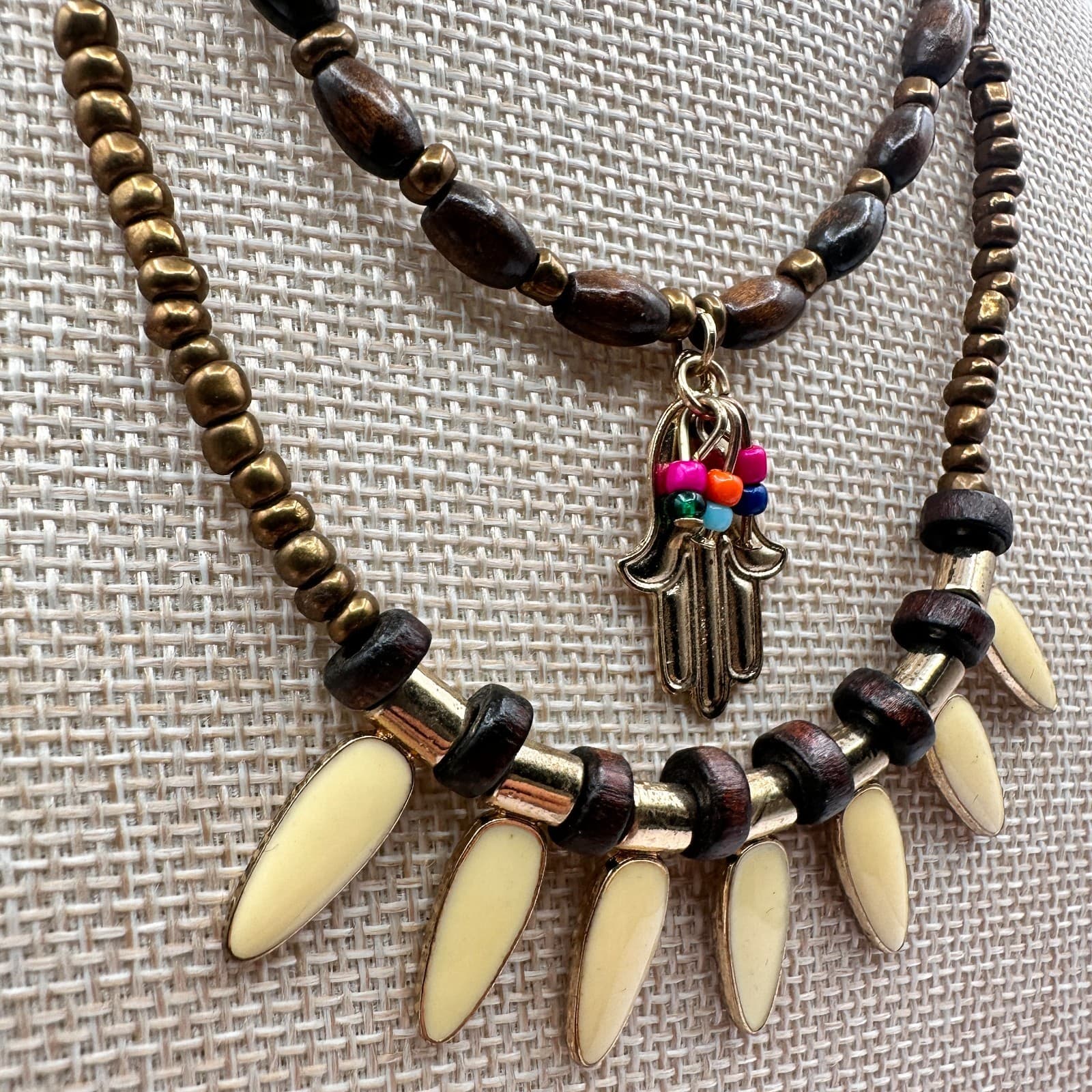 Vintage 90s Gold Tone Beaded Multi Strand Hamsa Hand Pendant Necklace Jewelry - Thumbnail 4