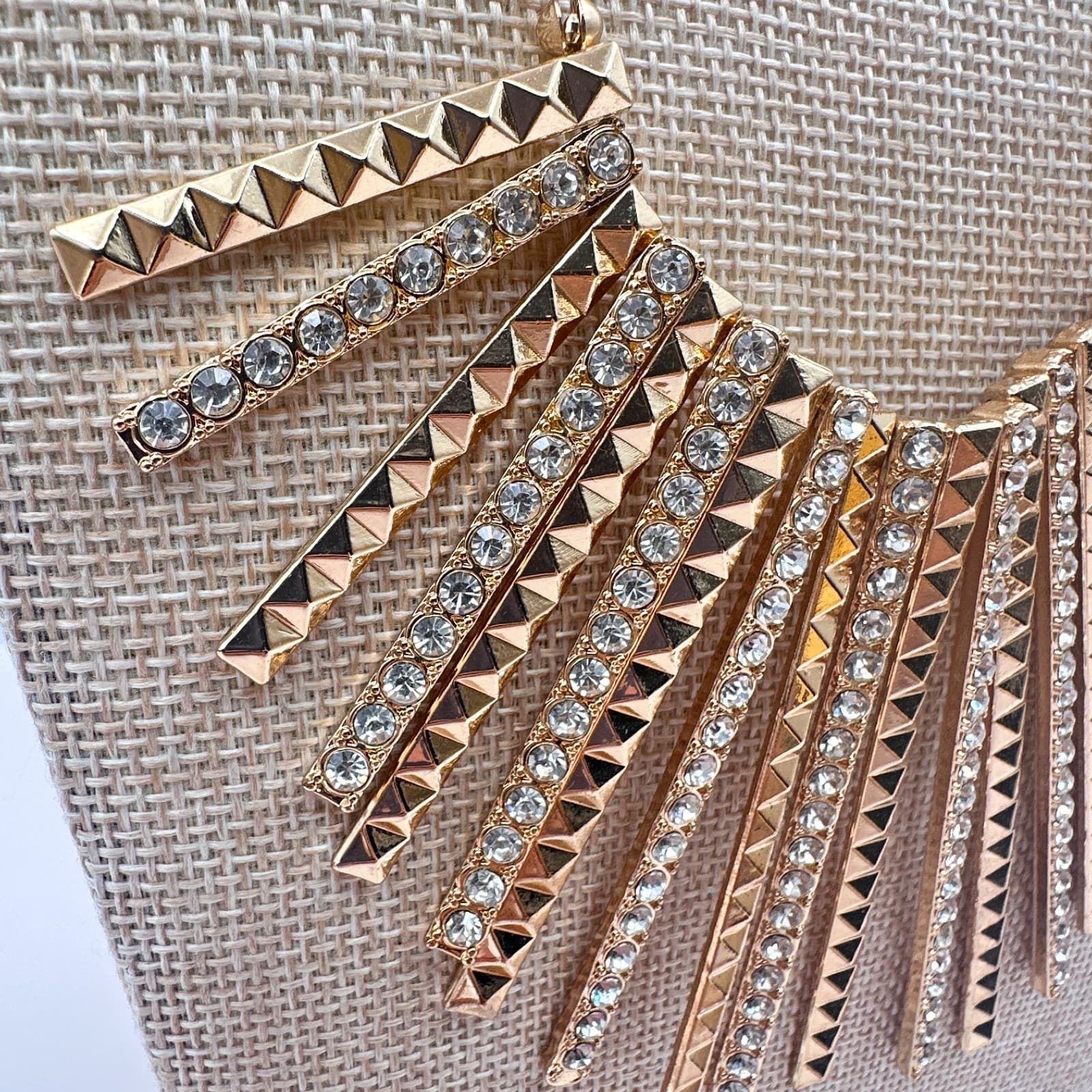 Vintage Y2K Gold Tone Sunburst Statement Necklace Pyramid Rhinestone Jewelry - Thumbnail 5