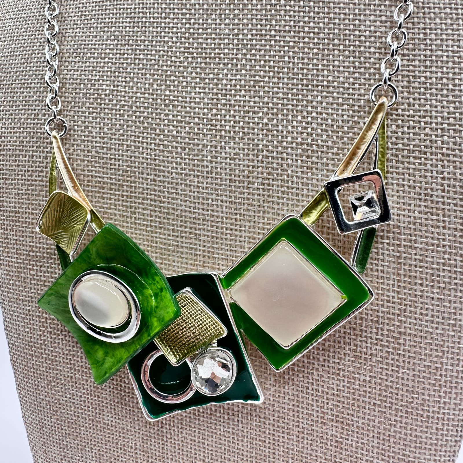 VTG Y2K Silver Tone Clear Rhinestone Geometric Bib Necklace Statement Jewelry - Thumbnail 5