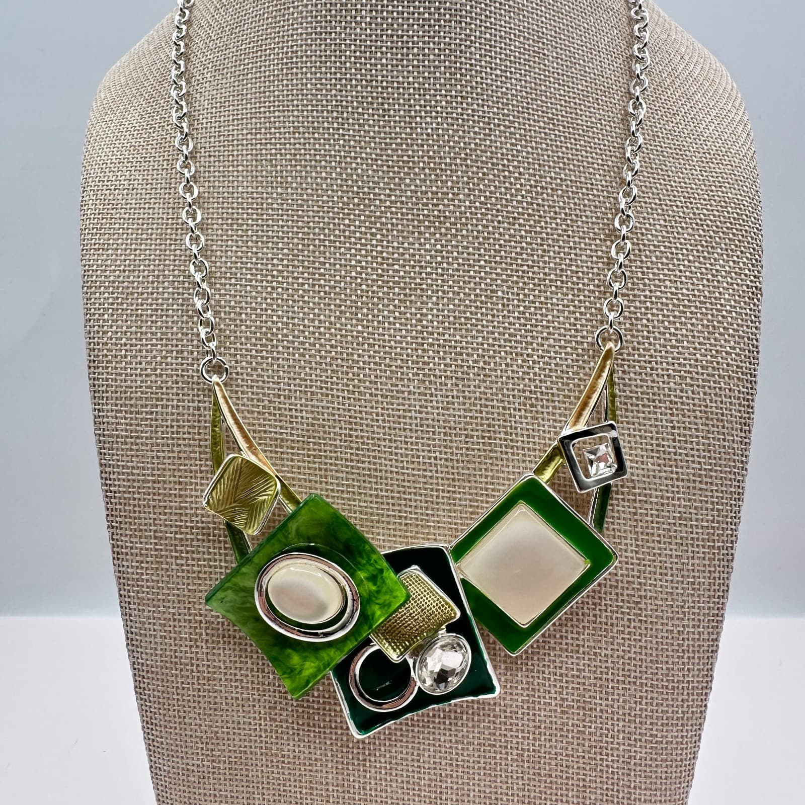 VTG Y2K Silver Tone Clear Rhinestone Geometric Bib Necklace Statement Jewelry - Thumbnail 2