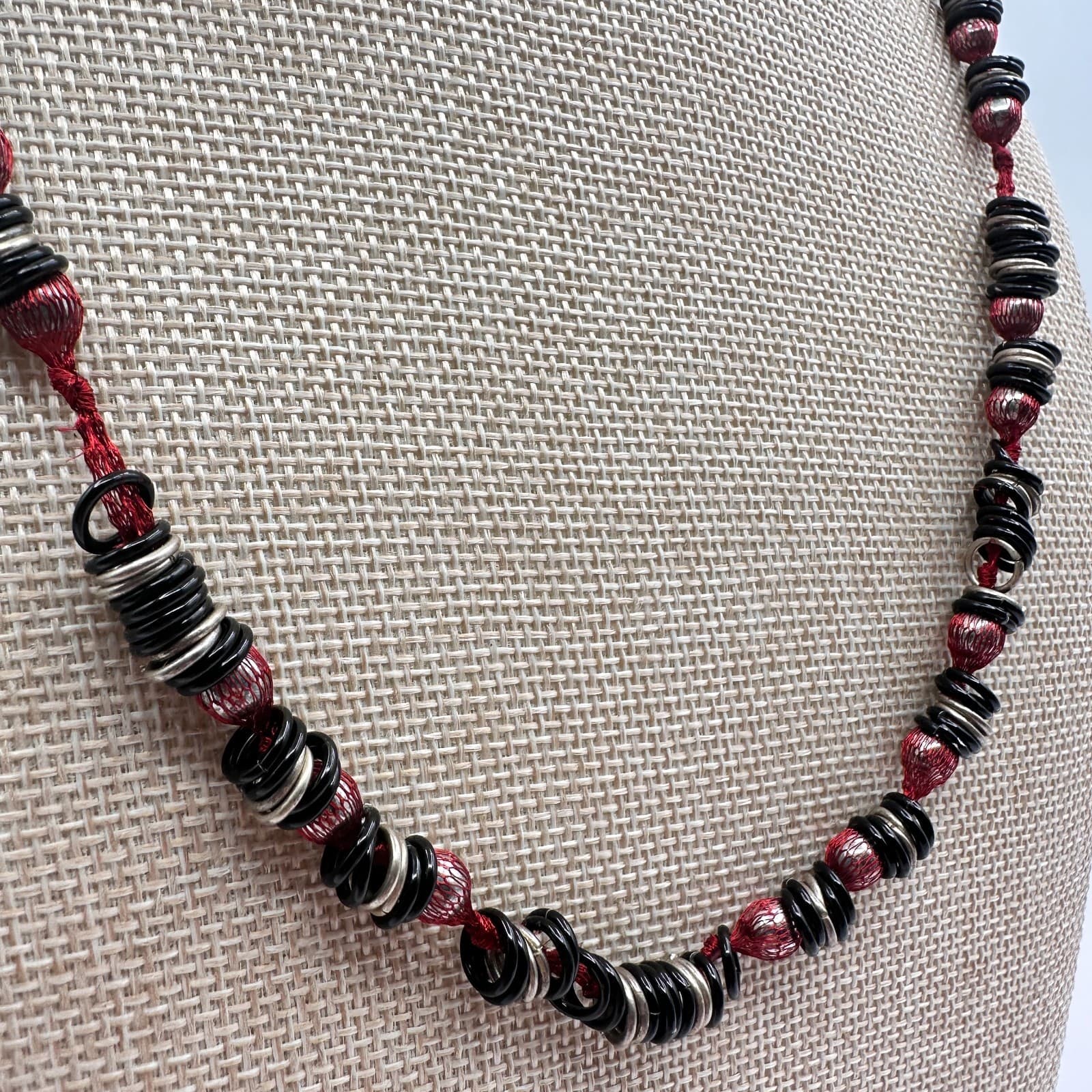 Vintage 90s Mixed Media Necklace Silver Tone Boho Goth Fashion Women's Jewelry - Thumbnail 2