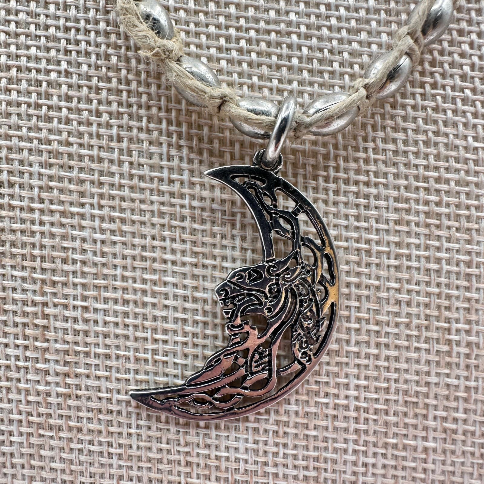 Vintage Y2K Silver Tone Crescent Moon Pendant Beaded Natural Fiber Cord Jewelry - Thumbnail 7