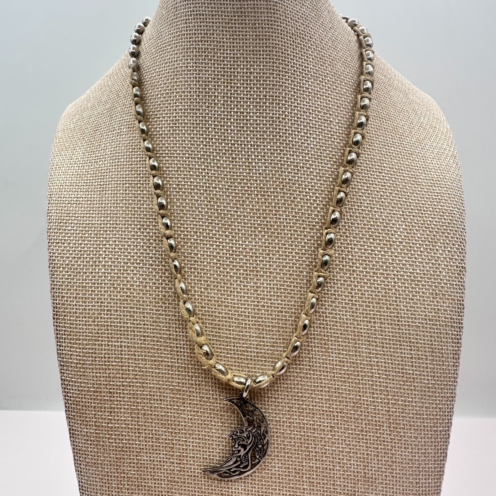 Vintage Y2K Silver Tone Crescent Moon Pendant Beaded Natural Fiber Cord Jewelry - Image 1