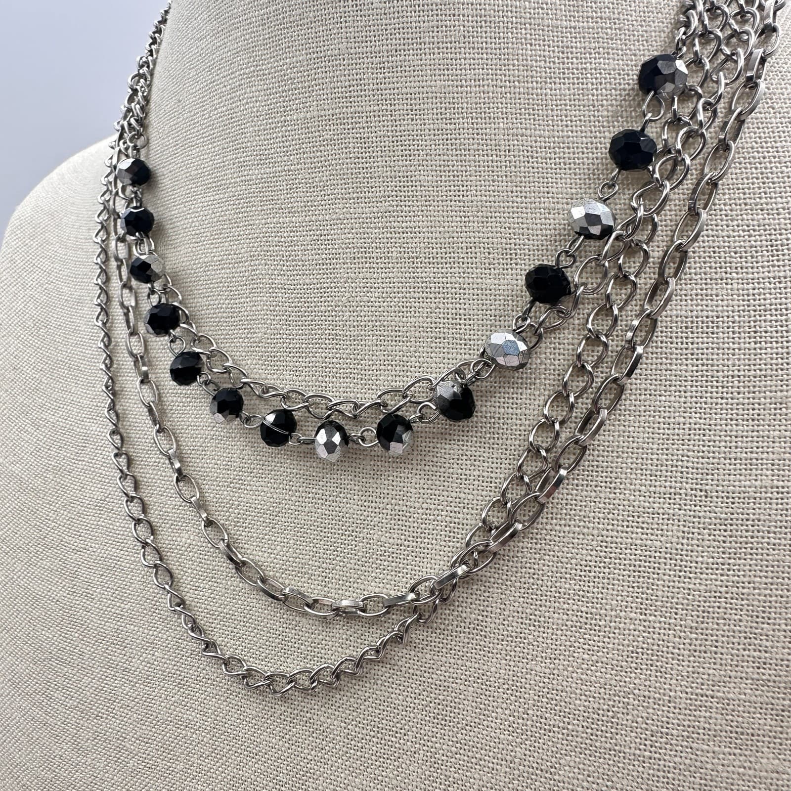 Vintage Y2K Silver Tone Layered Chain Beaded Necklace Women's Classic Jewelry - Thumbnail 7