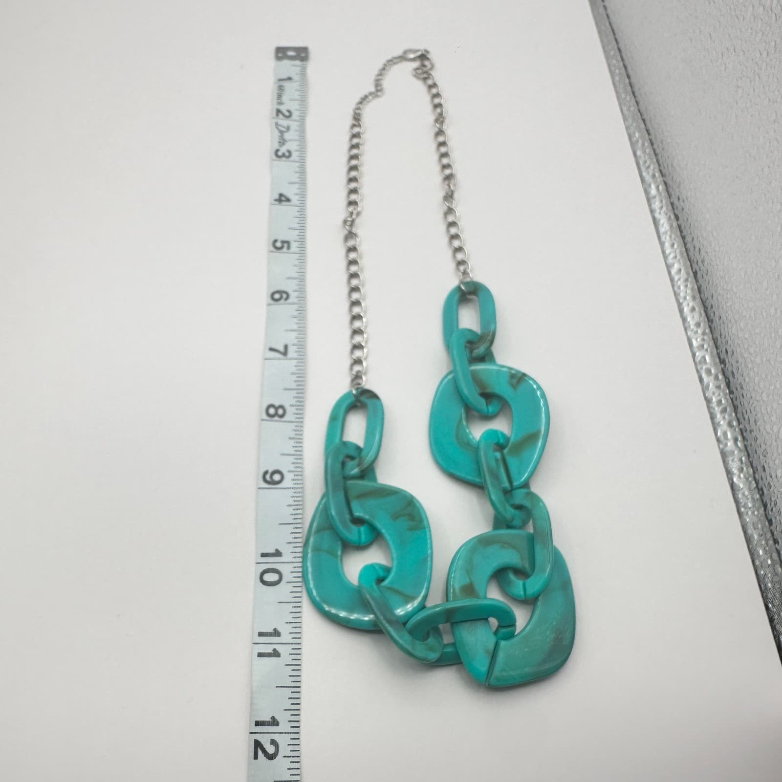 Vintage 80s Silver Tone Chain Turquoise Swirl Link Statement Necklace Jewelry - Thumbnail 5