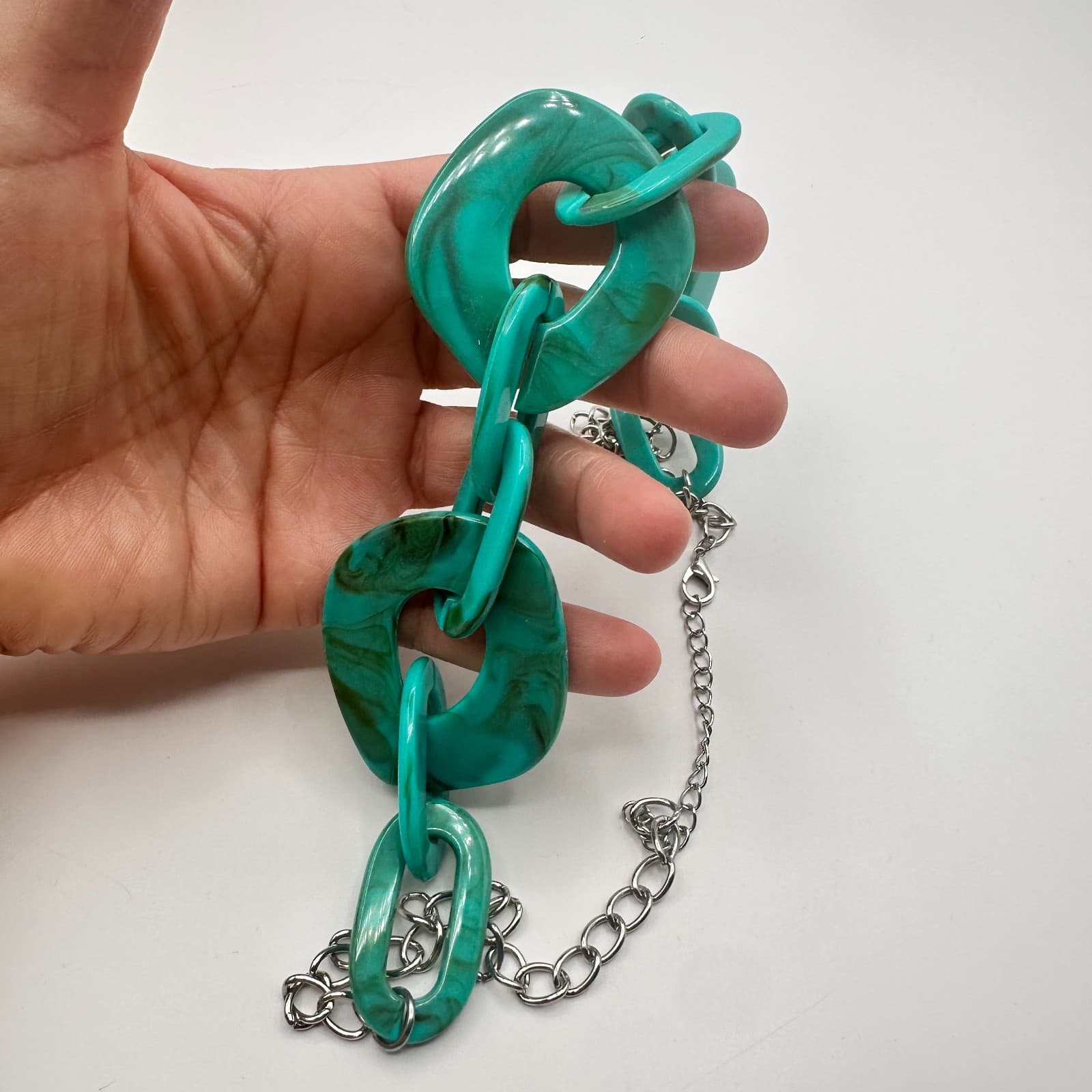 Vintage 80s Silver Tone Chain Turquoise Swirl Link Statement Necklace Jewelry - Thumbnail 4