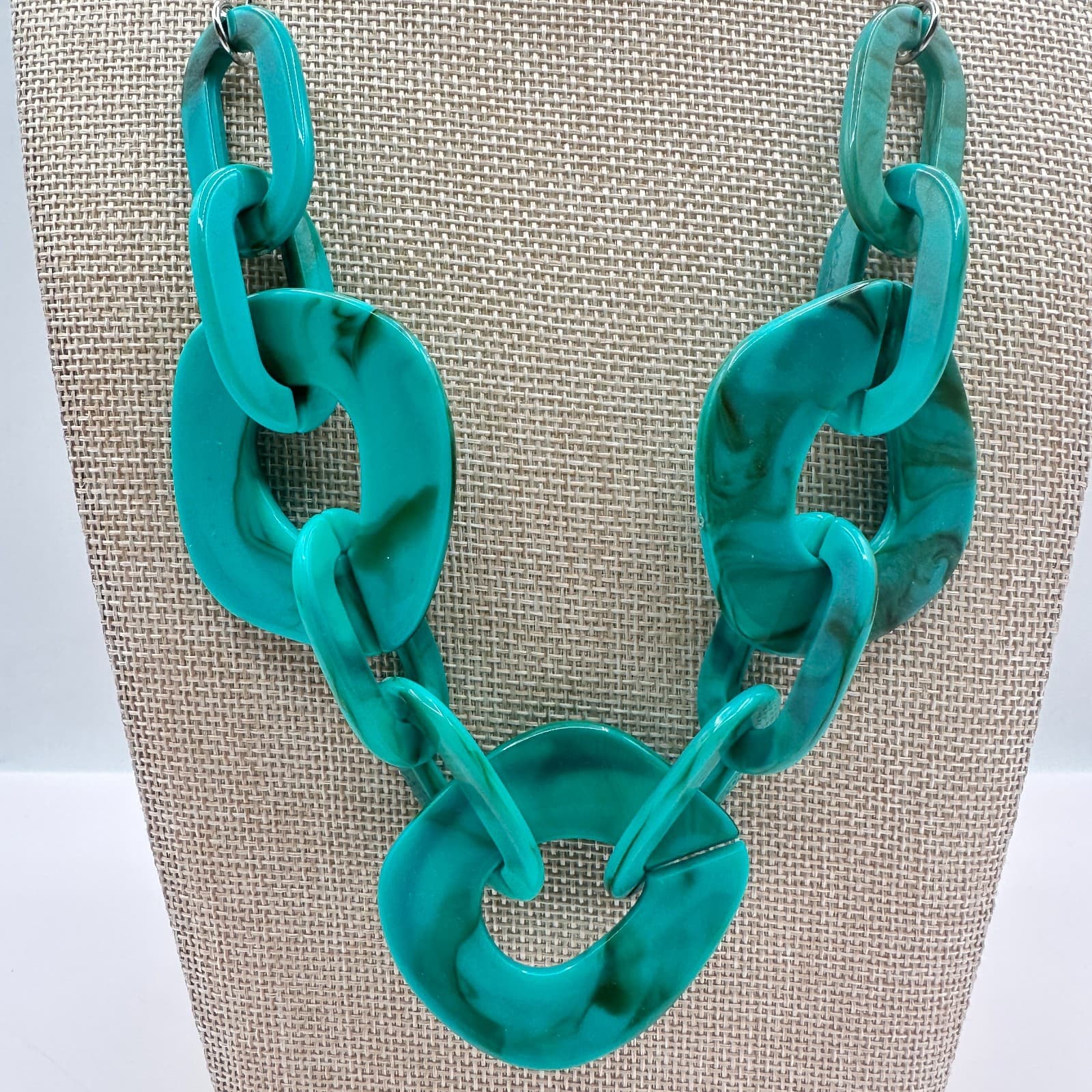 Vintage 80s Silver Tone Chain Turquoise Swirl Link Statement Necklace Jewelry - Thumbnail 6