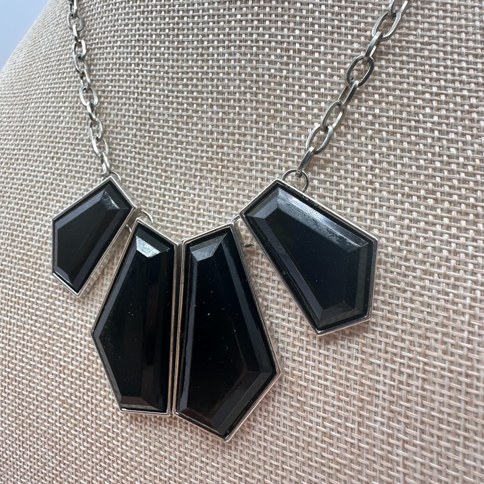 Vintage Y2K Silver Tone Chain Statement Necklace Black Geometric Stones Jewelry - Thumbnail 3