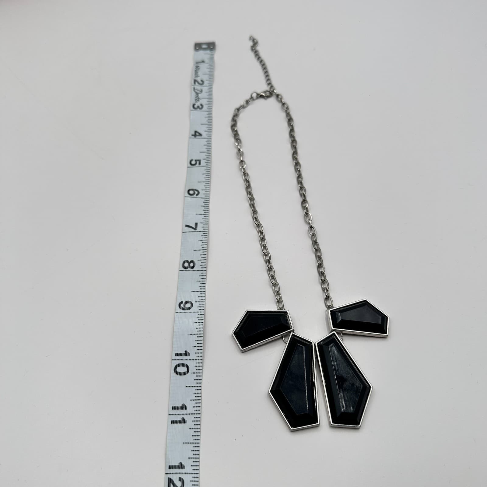 Vintage Y2K Silver Tone Chain Statement Necklace Black Geometric Stones Jewelry - Thumbnail 6