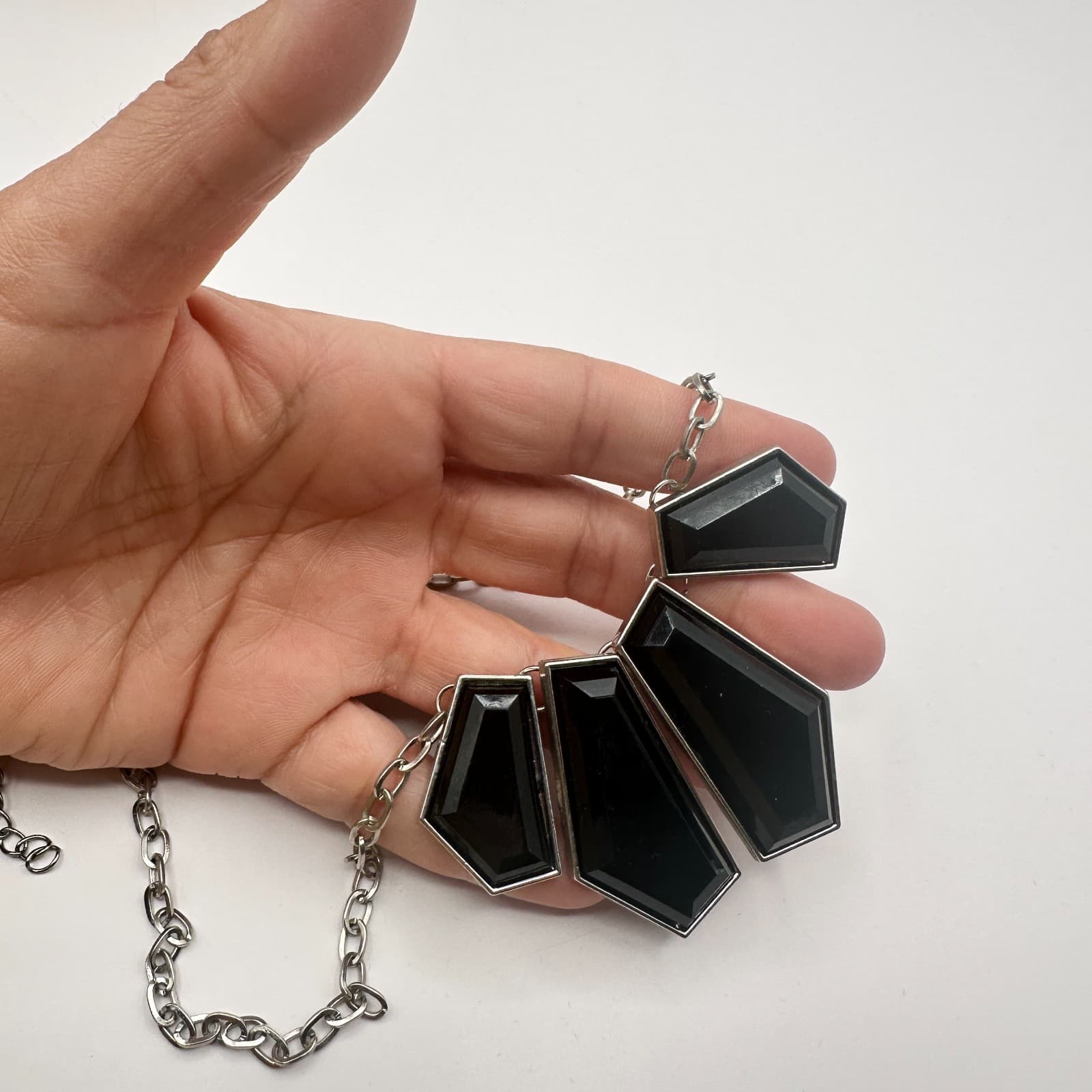 Vintage Y2K Silver Tone Chain Statement Necklace Black Geometric Stones Jewelry - Thumbnail 5