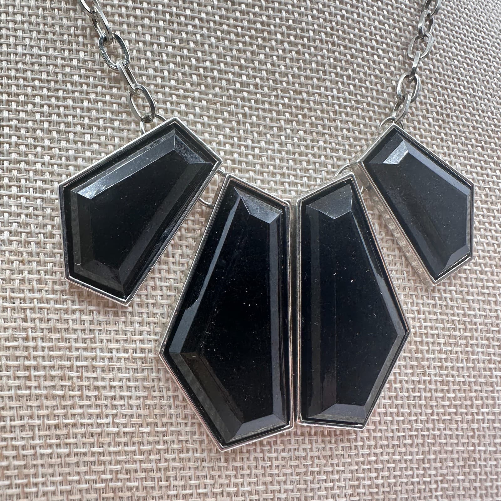 Vintage Y2K Silver Tone Chain Statement Necklace Black Geometric Stones Jewelry - Thumbnail 4