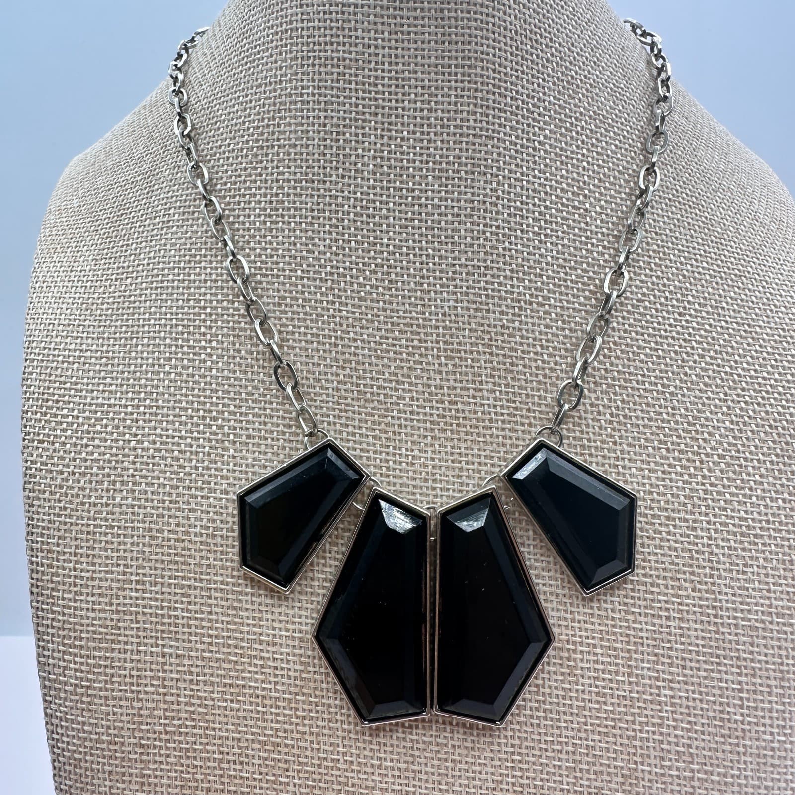 Vintage Y2K Silver Tone Chain Statement Necklace Black Geometric Stones Jewelry - Thumbnail 2