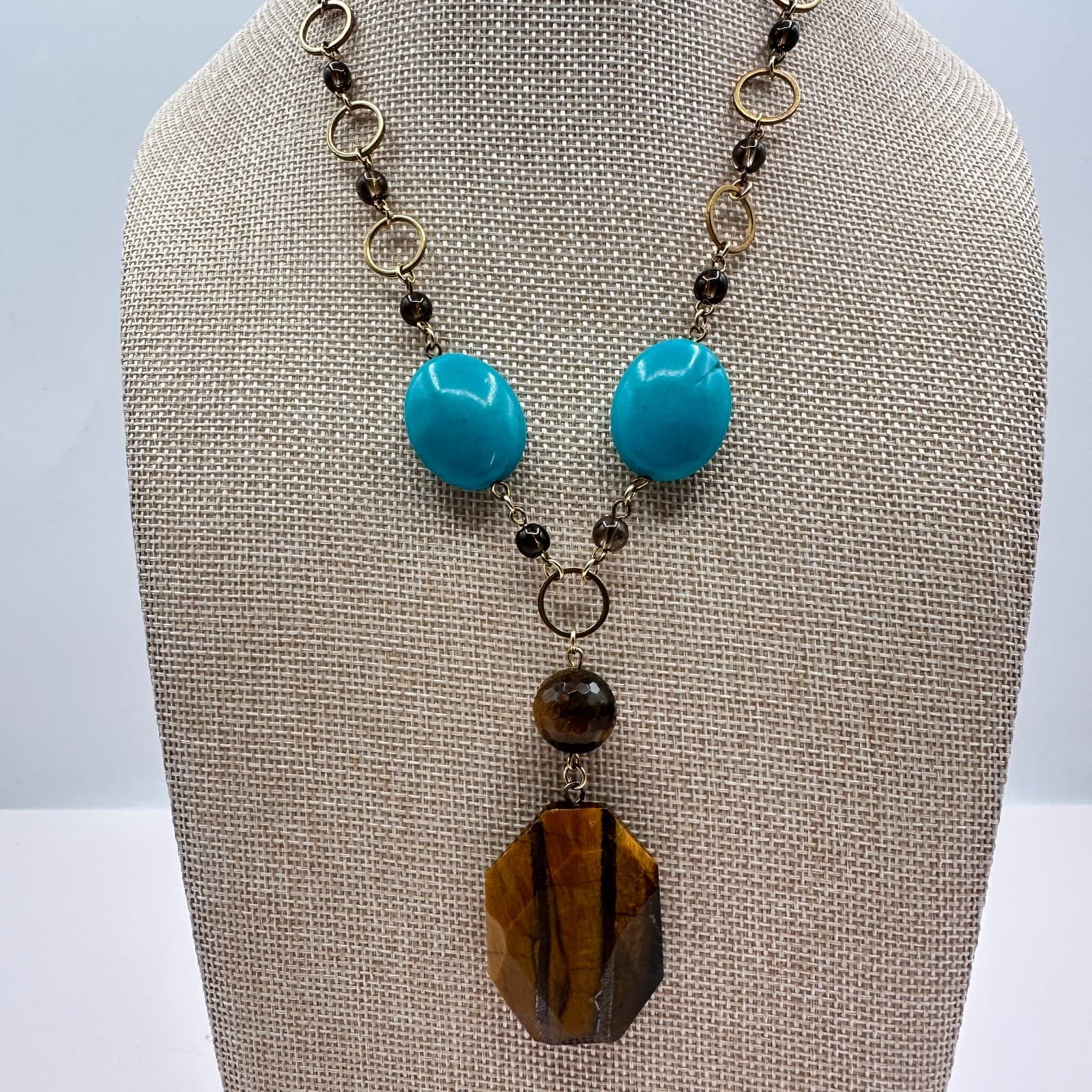 Vintage 90s Turquoise Glass Bead Statement Necklace Boho Fashion Women's Jewelry - Image 1