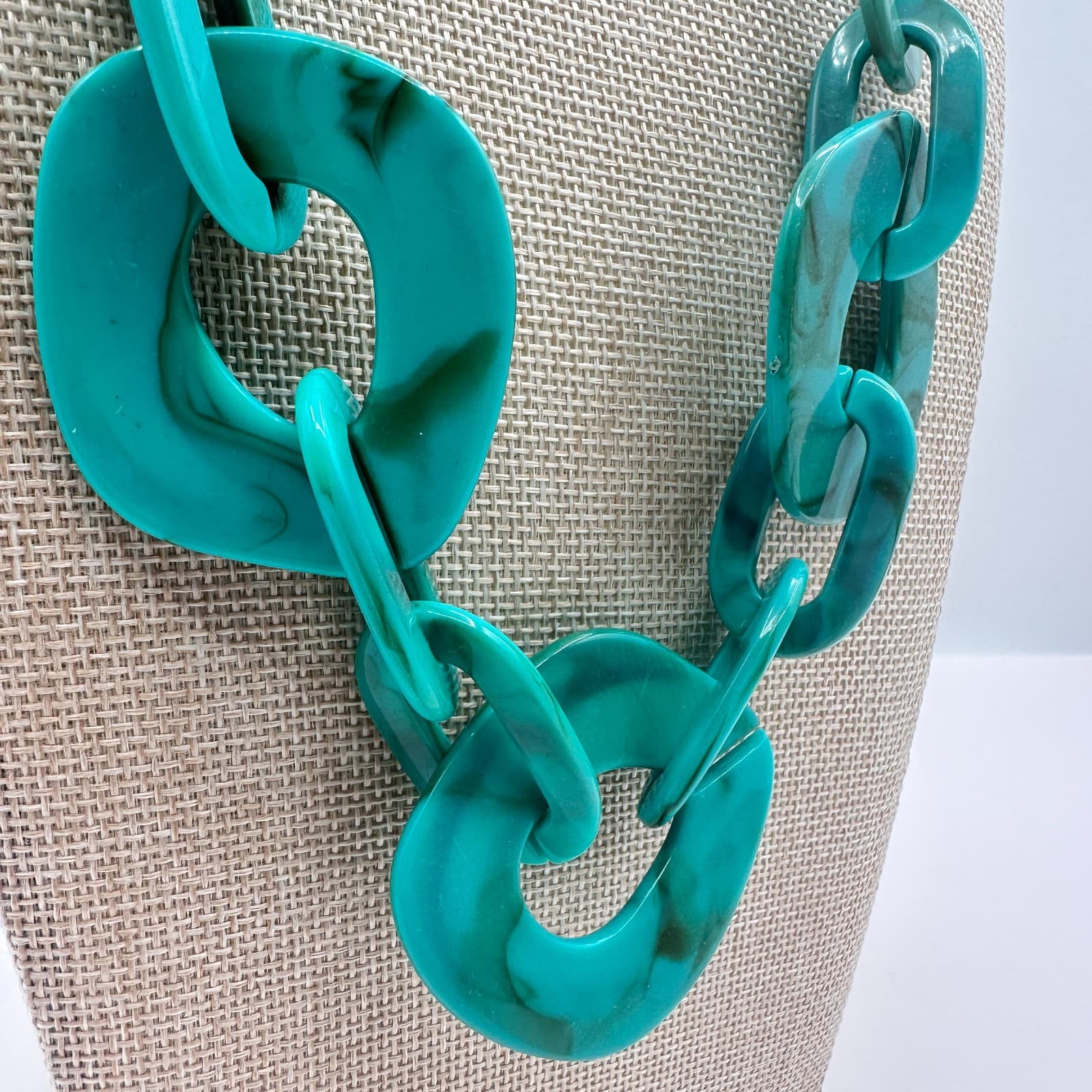 Vintage 80s Silver Tone Chain Turquoise Swirl Link Statement Necklace Jewelry - Thumbnail 2