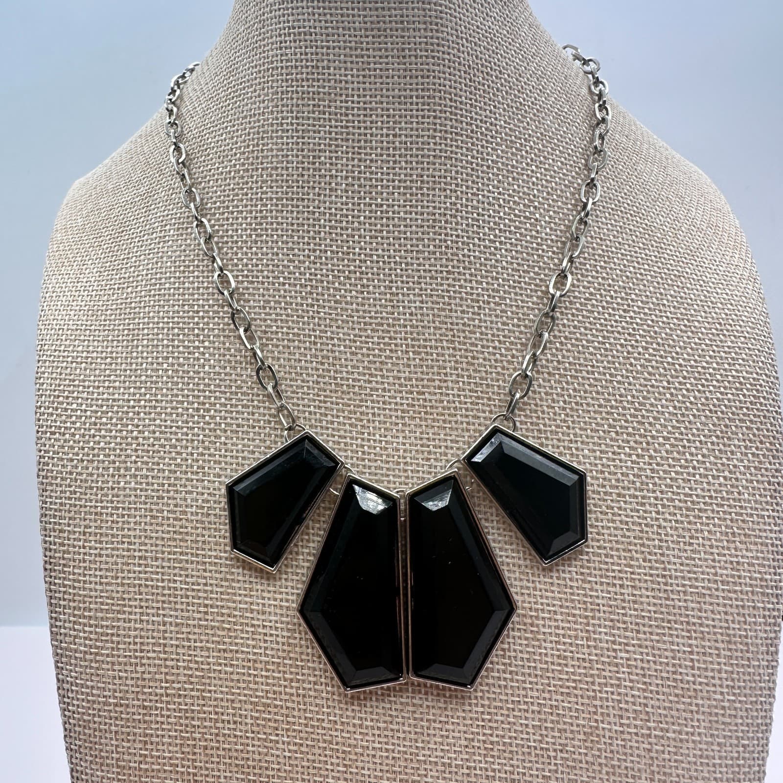 Vintage Y2K Silver Tone Chain Statement Necklace Black Geometric Stones Jewelry - Thumbnail 7