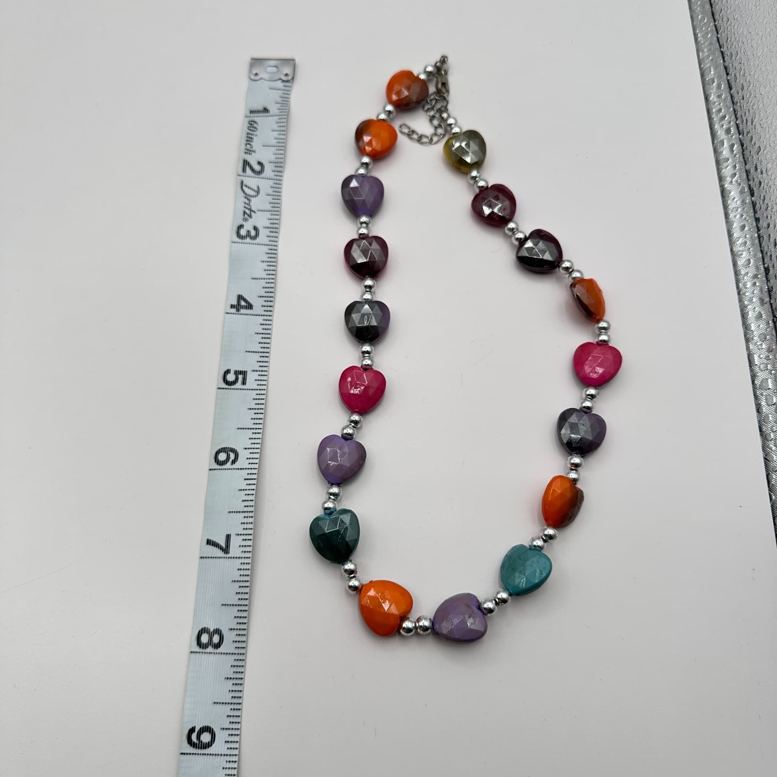 Vintage Y2K Faceted Heart Bead Statement Necklace Silver Tone Accents Jewelry - Thumbnail 8