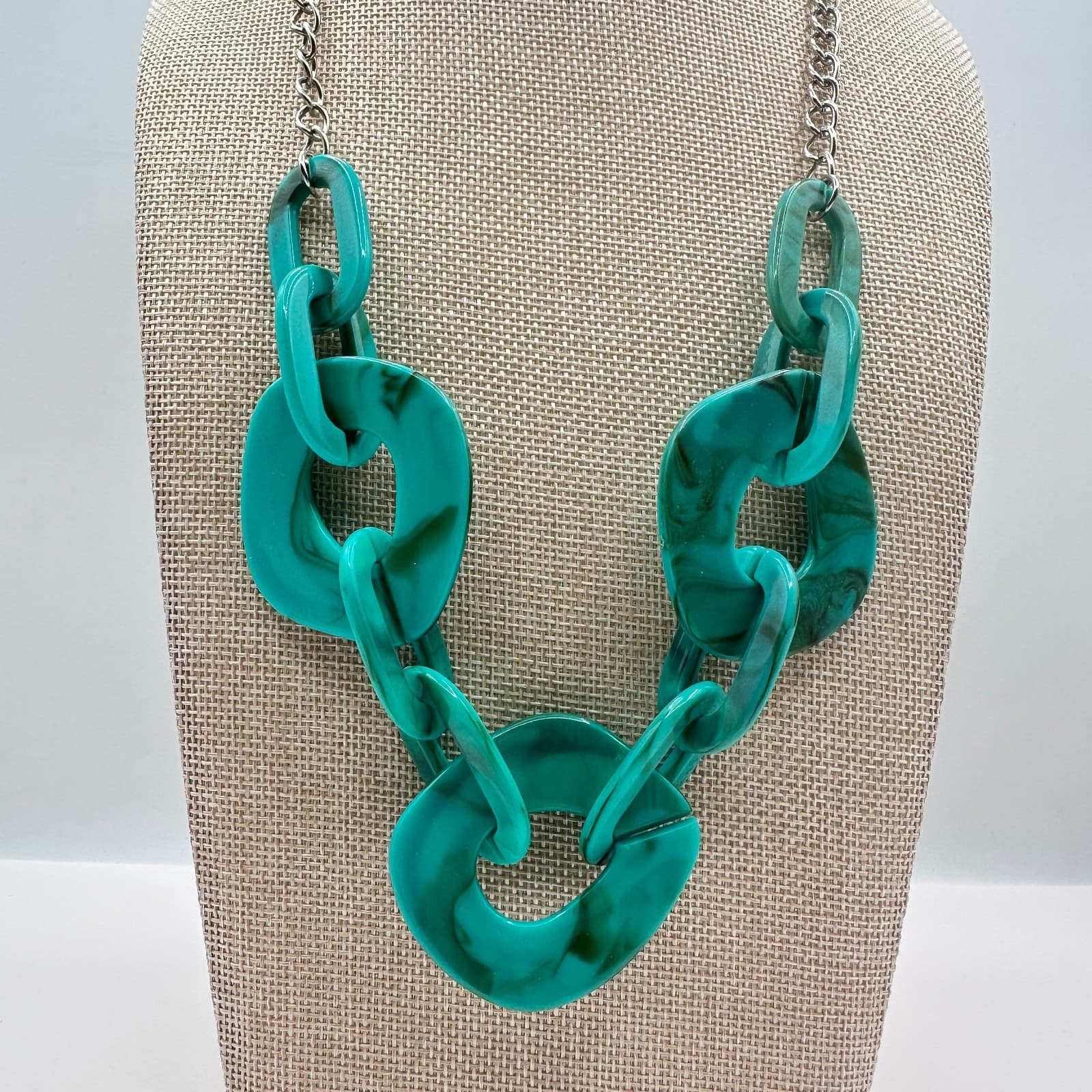 Vintage 80s Silver Tone Chain Turquoise Swirl Link Statement Necklace Jewelry - Thumbnail 8