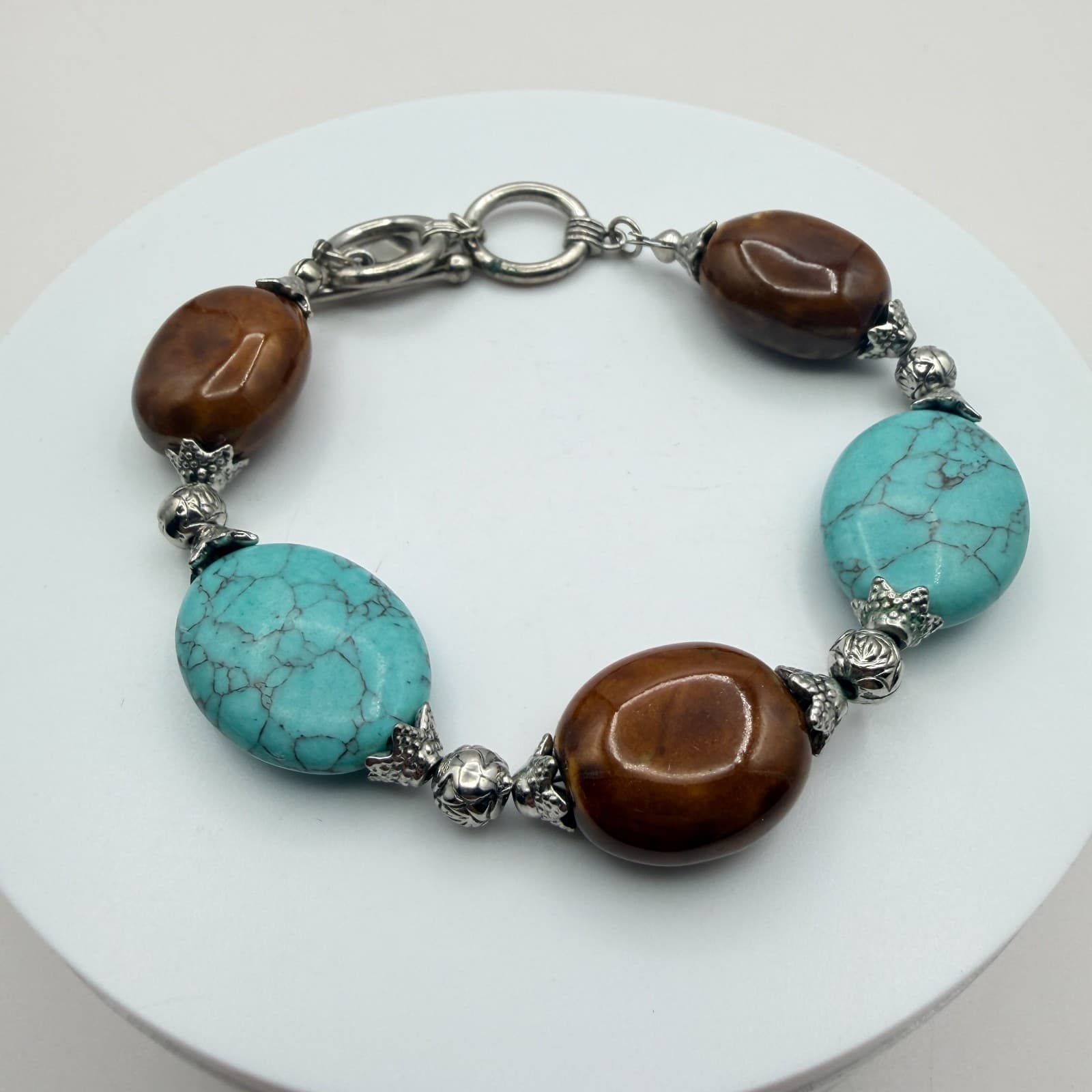 Vintage Y2K Silver Tone Turquoise Beaded Bracelet Boho Women's Classic Jewelry - Thumbnail 3