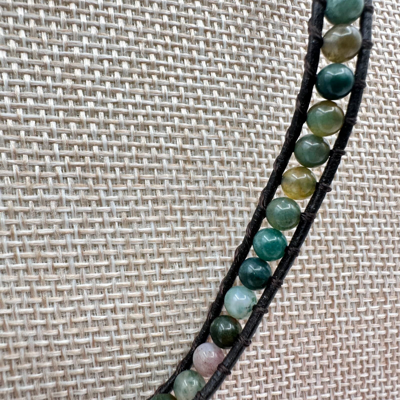 Vintage 90s Necklace Agate Glass Ball Bead Black Leather Boho Women's Jewelry - Thumbnail 4