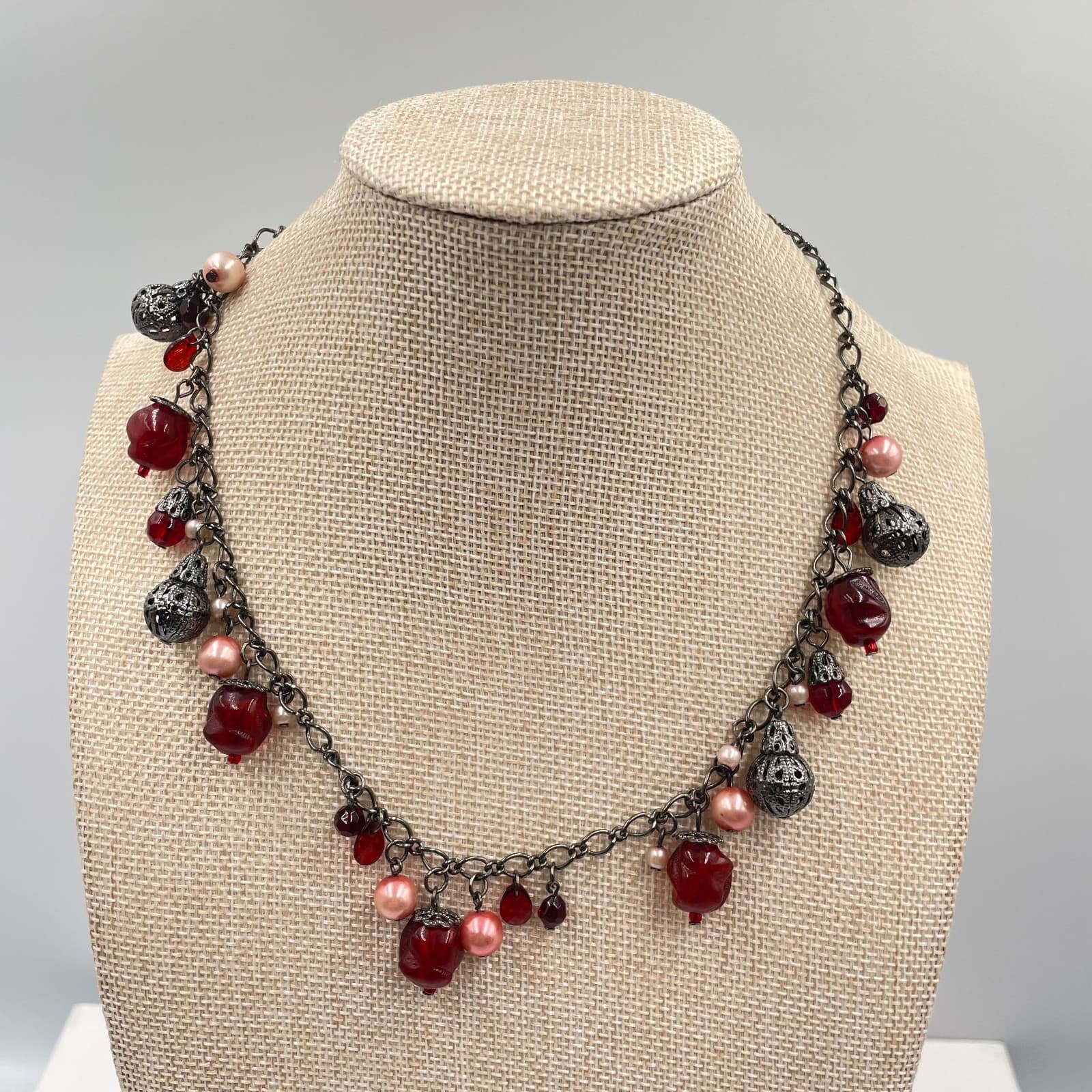 Gunmetal-Tone Chain Filigree Cage Mother Of Pearls Beaded Cluster Charm Necklace - Image 1