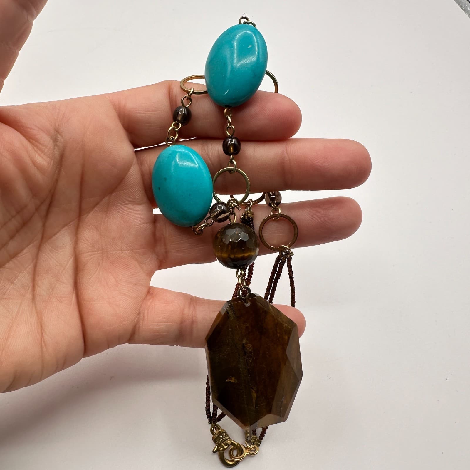 Vintage 90s Turquoise Glass Bead Statement Necklace Boho Fashion Women's Jewelry - Thumbnail 8