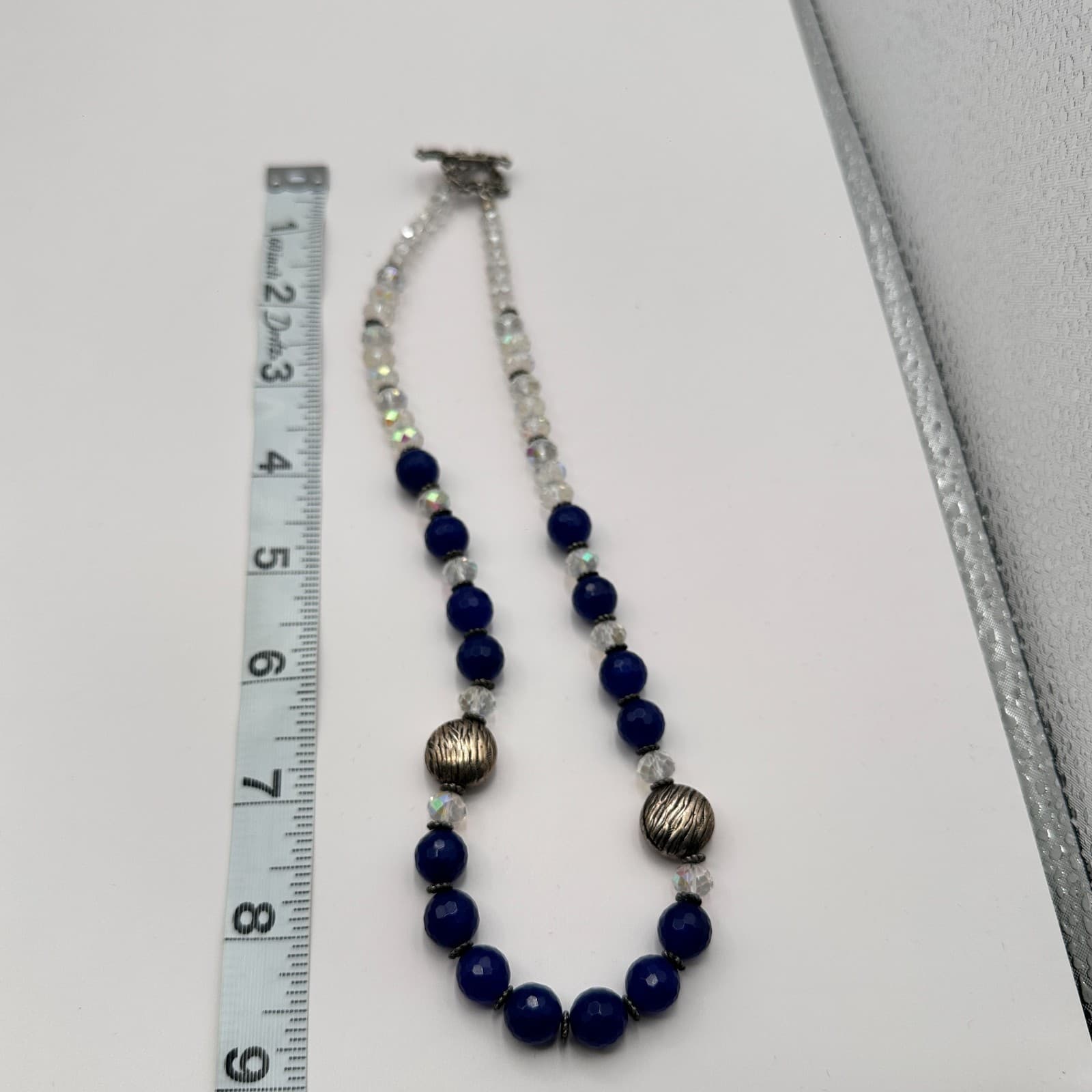 Vintage 90s Cobalt Blue Glass Bead Statement Necklace Silver Tone Boho Jewelry - Thumbnail 7