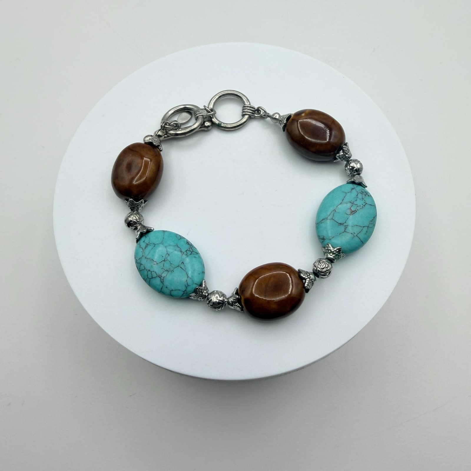 Vintage Y2K Silver Tone Turquoise Beaded Bracelet Boho Women's Classic Jewelry - Thumbnail 2