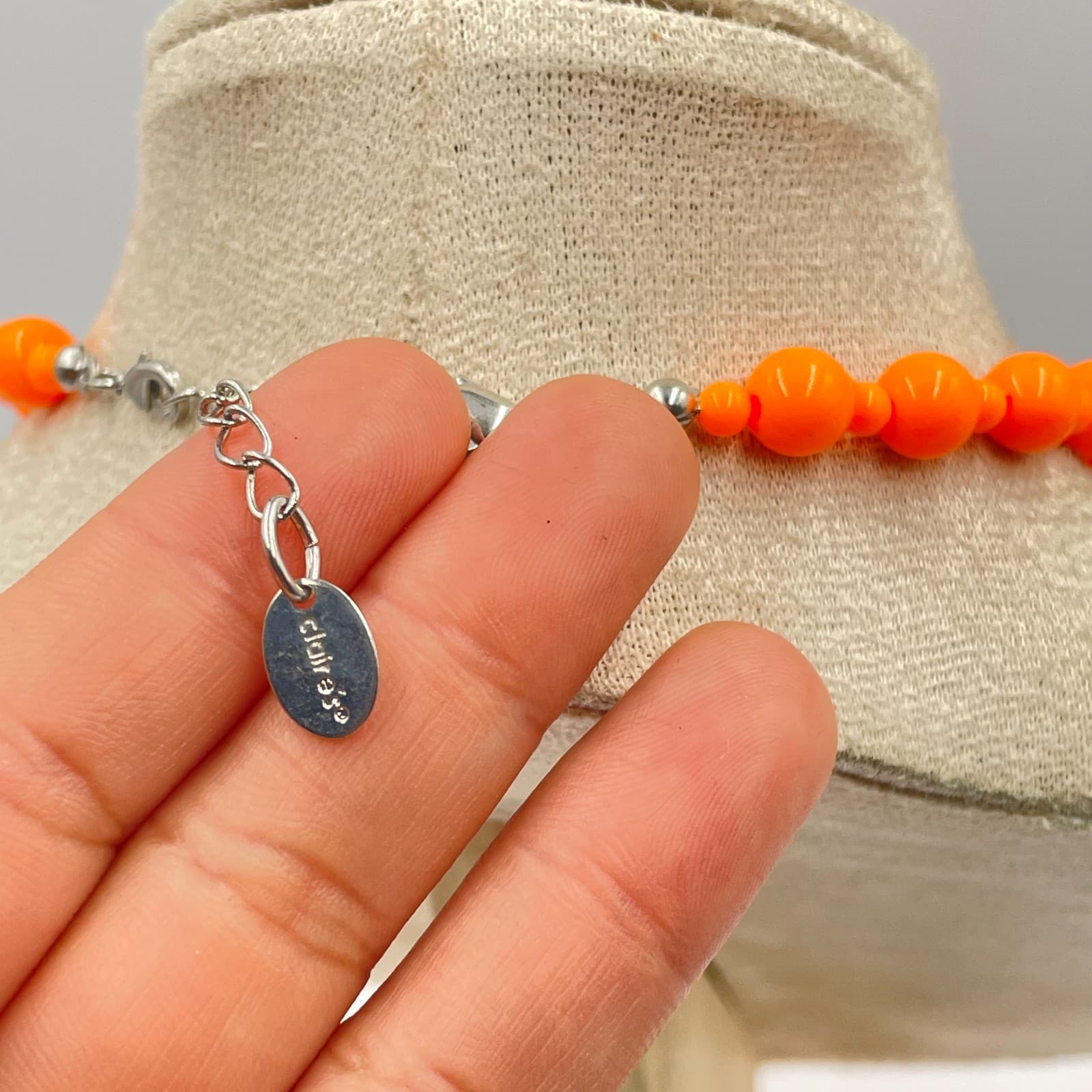 Claire's Silver-Tone Adjustable Neon Orange Graduated Beads Statement Necklace - Thumbnail 6