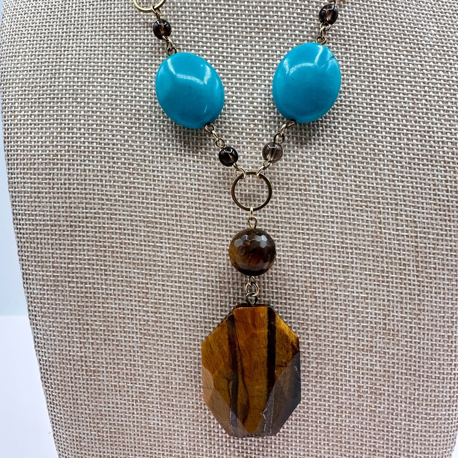 Vintage 90s Turquoise Glass Bead Statement Necklace Boho Fashion Women's Jewelry - Thumbnail 3