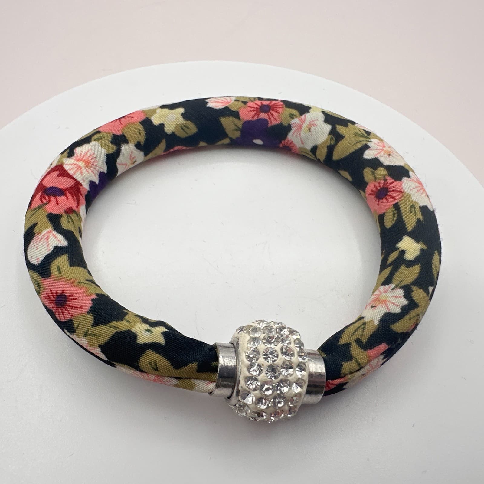 Vintage 90s Floral Fabric Bangle Bracelet Glass Rhinestone Charm Classic Jewelry - Image 1