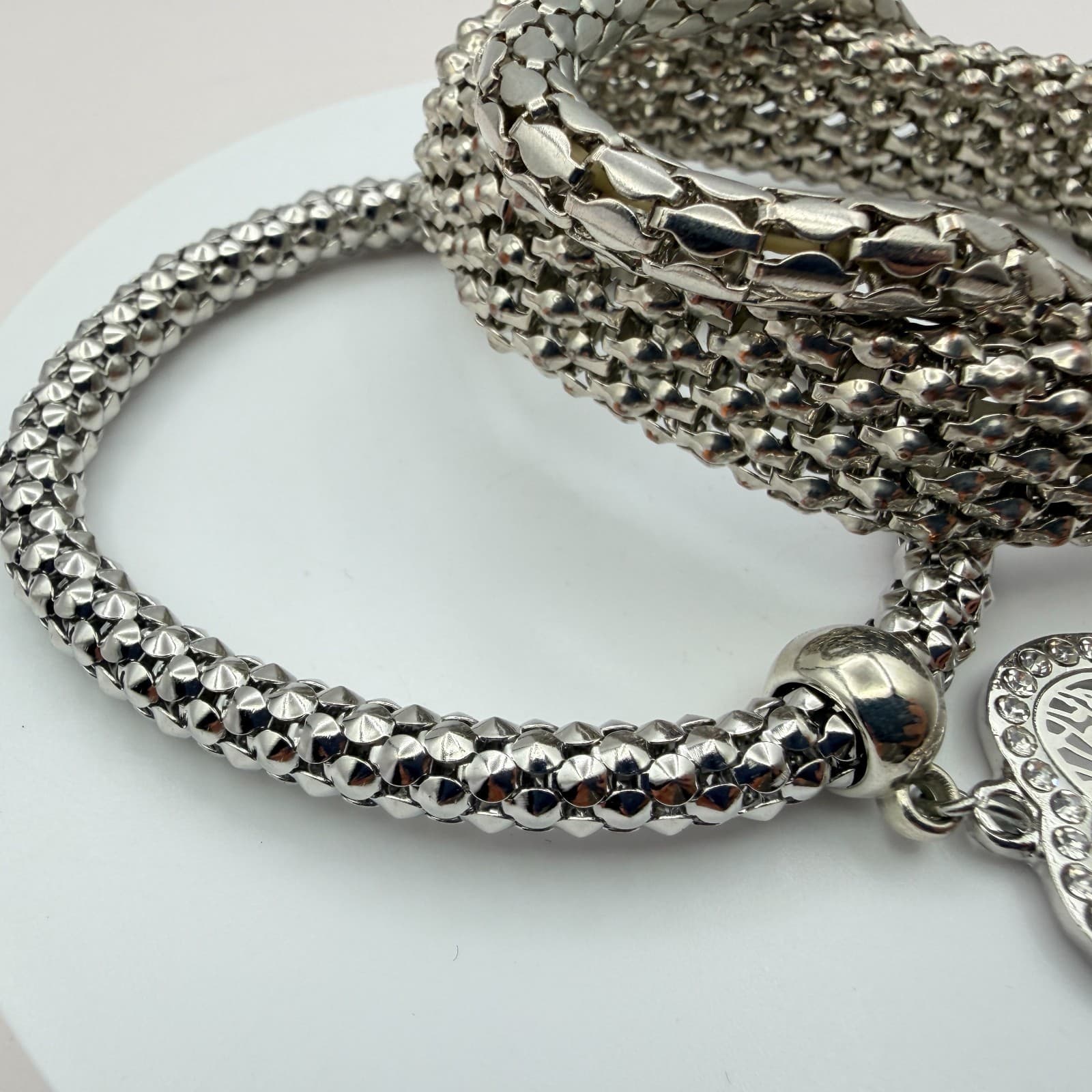 Vintage Y2K Silver Tone Tree of Life Heart Charm Mesh Bracelet Women's Jewelry - Thumbnail 4